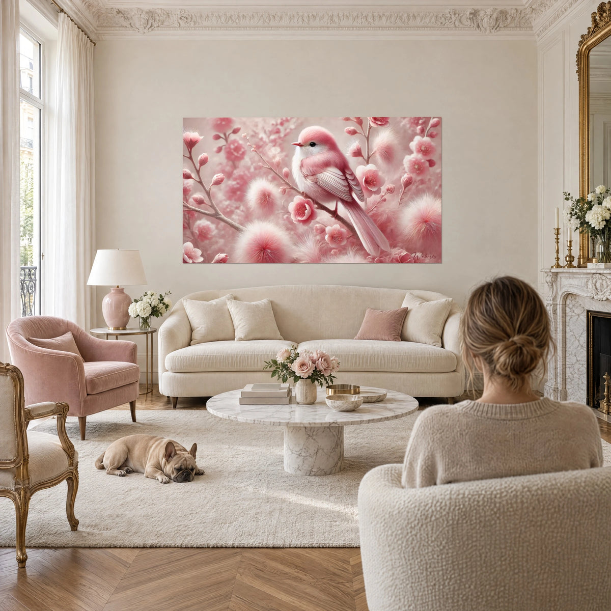 Wall art powdered pink tit perched on a blossoming cherry branch, white and pink, above a sofa in a bright living room