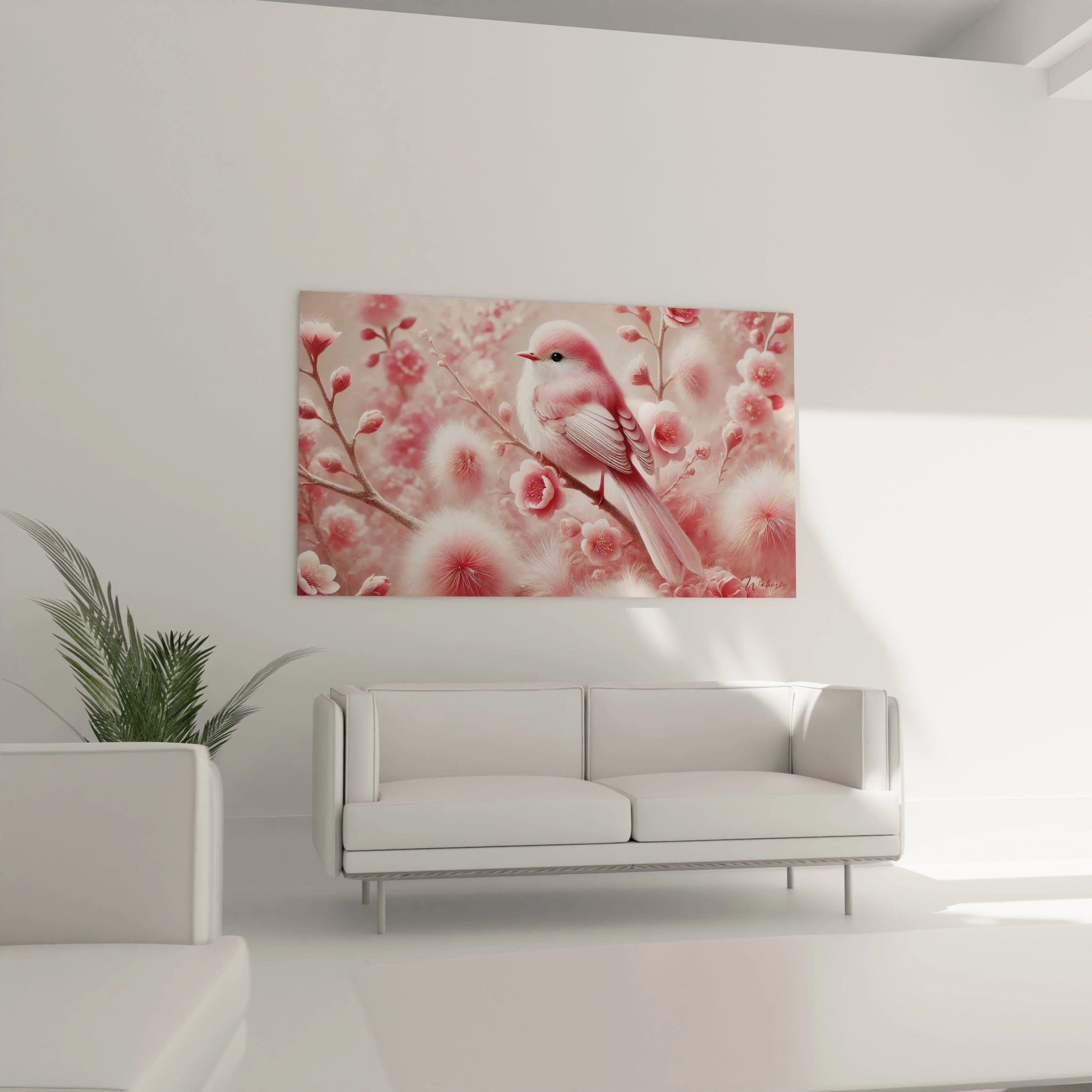 Ce tableau oiseaux, installé au-dessus d'un canapé, devient le point central du salon. Son atmosphère féerique, avec ses teintes rose pâle et ses fleurs vaporeuses, crée un espace apaisant et raffiné.

