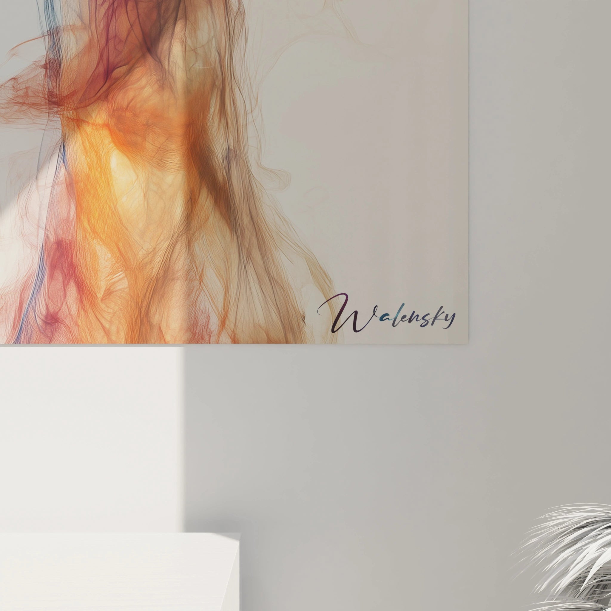 Un tableau girafe abstrait montrant l'animal comme une apparition entre deux mondes. La précision des détails du visage contraste avec le corps qui se dissipe en voiles colorés de bleu, violet et orange, créant une tension visuelle entre forme définie et dissolution.
