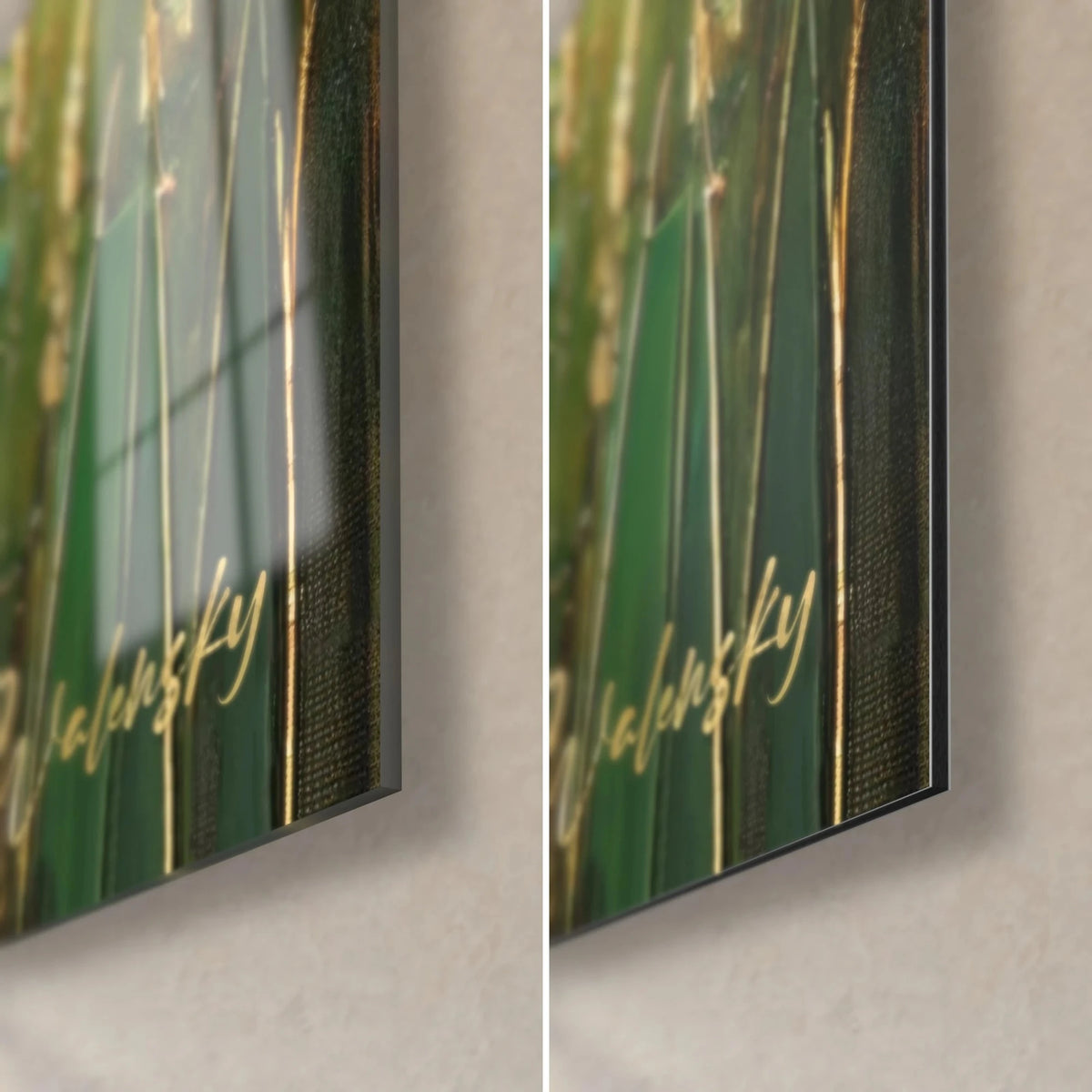 Tableau brebis au pâturage, coin bas droit : verre acrylique brillant à gauche, alu Dibond mat à droite, tranche de 3 mm