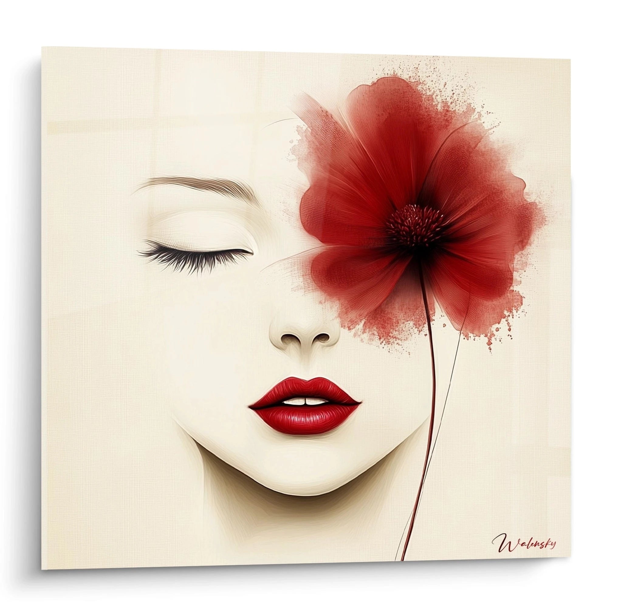 Un tableau visage abstrait minimaliste présentant un profil féminin aux yeux fermés, orné d'une fleur rouge éclatante en lieu de joue. Les lèvres rouges contrastent avec la peau beige pâle sur fond texturé neutre.
