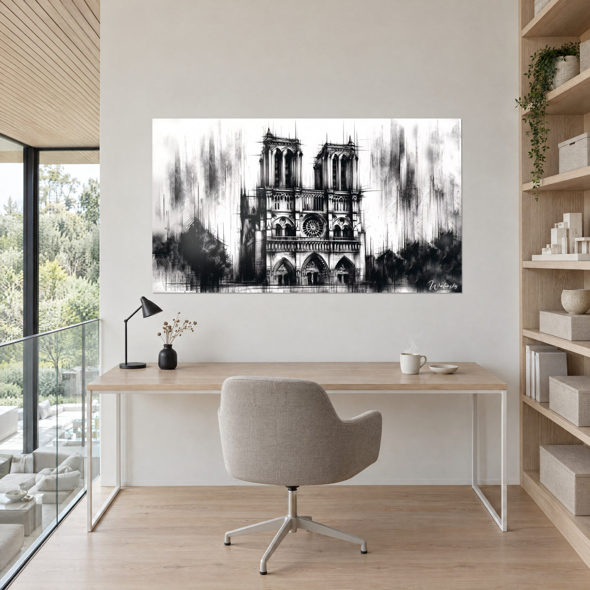 Cuadro Notre-Dame de París y su galería de arcadas, negro profundo contra blanco puro, frente a un escritorio de madera clara