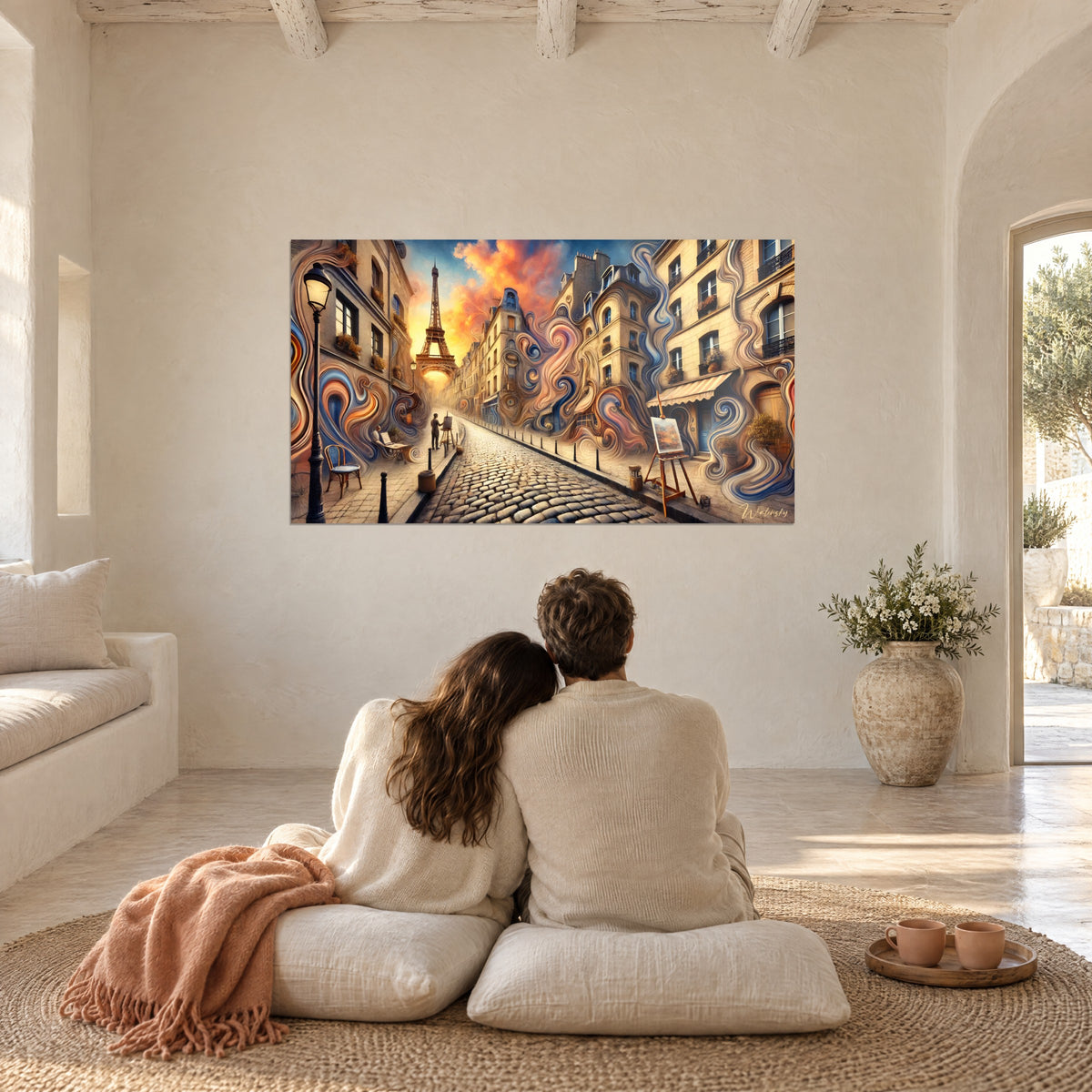 Wall art of a dreamt-of Paris with midnight blue and orange swirls, cobblestone street leading to the Eiffel Tower, gazed at by a couple on cushions