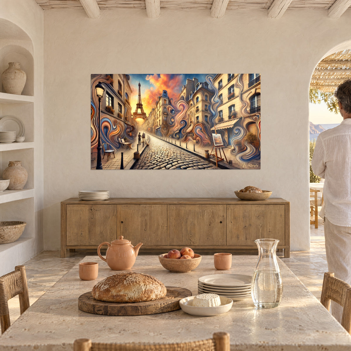 Wall art of Parisian cobblestones and melting buildings in cobalt and peach waves, blazing sky, facing a rustic dining table