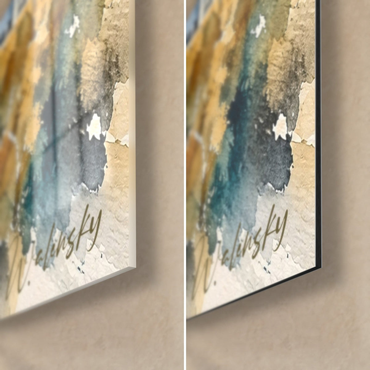 Wall art aerial view of Paris, lower right corner with turquoise and ochre patches, Walensky signature, glossy glass and matte Dibond