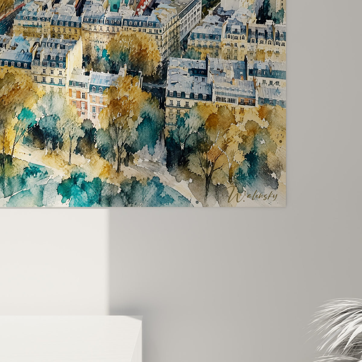 Détail de l'aquarelle montrant les coulures bleu pétrole et dorées des toits parisiens