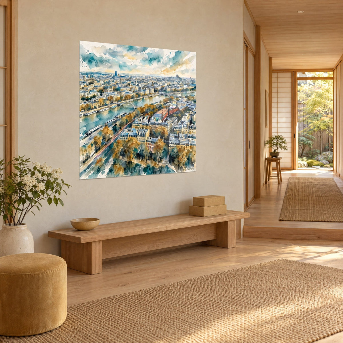 Wall art overview of the Seine with white barges, blue-grey slate roofs and golden trees, hung in a light hallway
