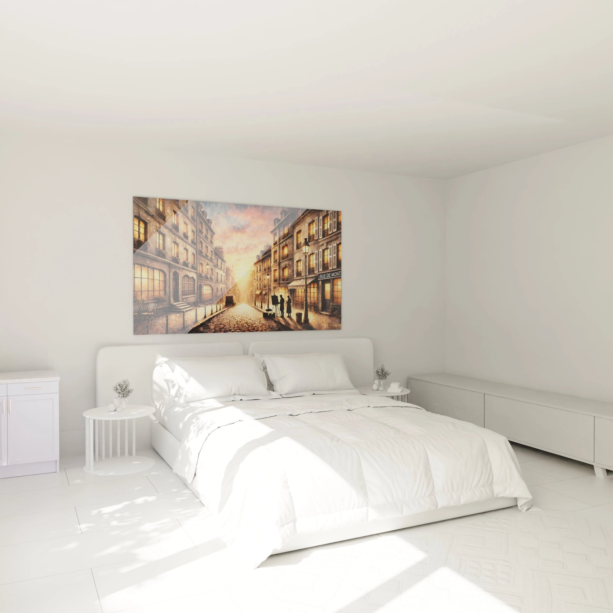 tableau Paris au mur dans une chambre illumine l’espace avec des tons dorés et bruns. Il crée une ambiance romantique et apaisante, idéale pour évoquer la magie des ruelles parisiennes.

