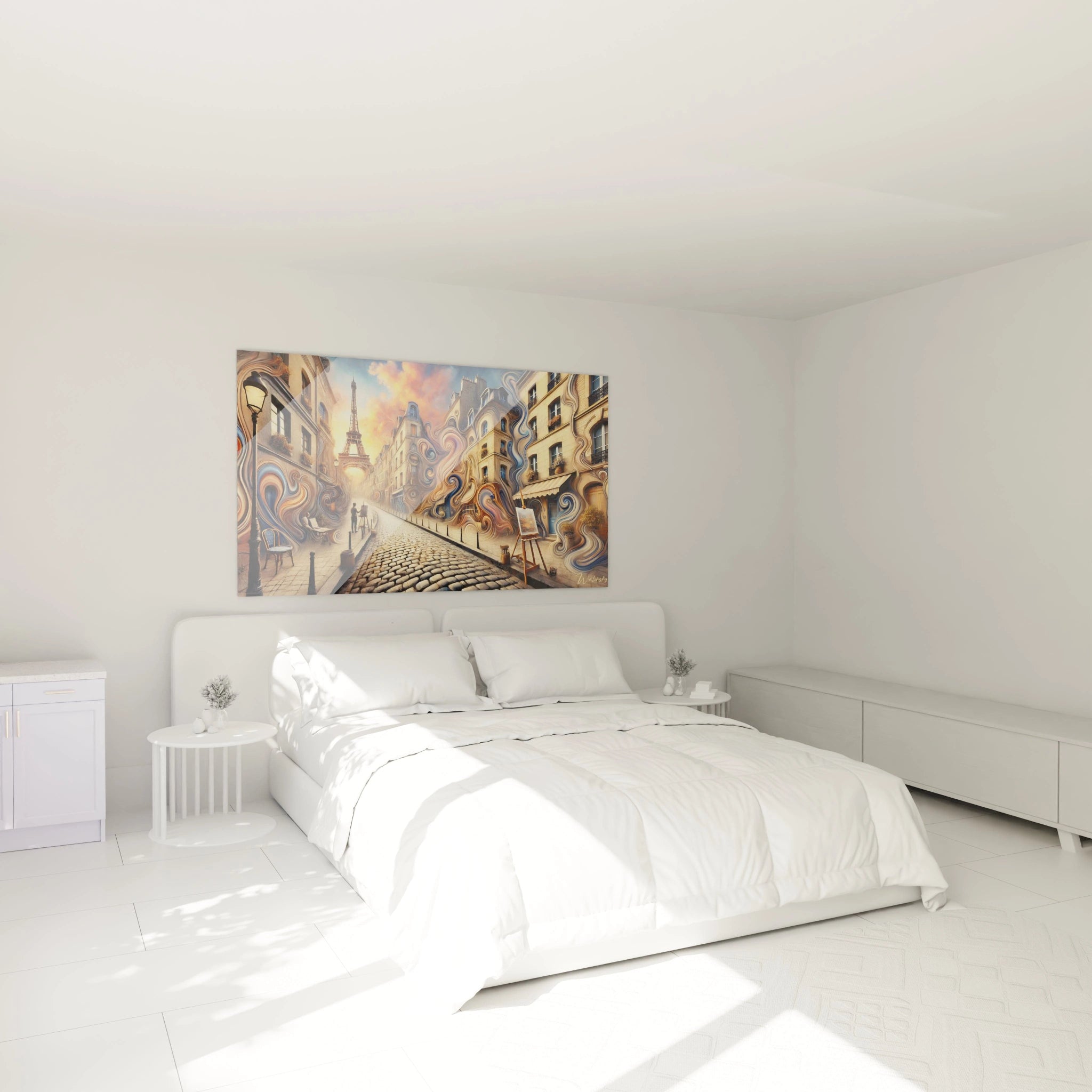 tableau Paris au mur dans une chambre illumine l’espace avec ses couleurs vibrantes et apaisantes. La Tour Eiffel et les façades tourbillonnantes invitent à la sérénité et au rêve.

