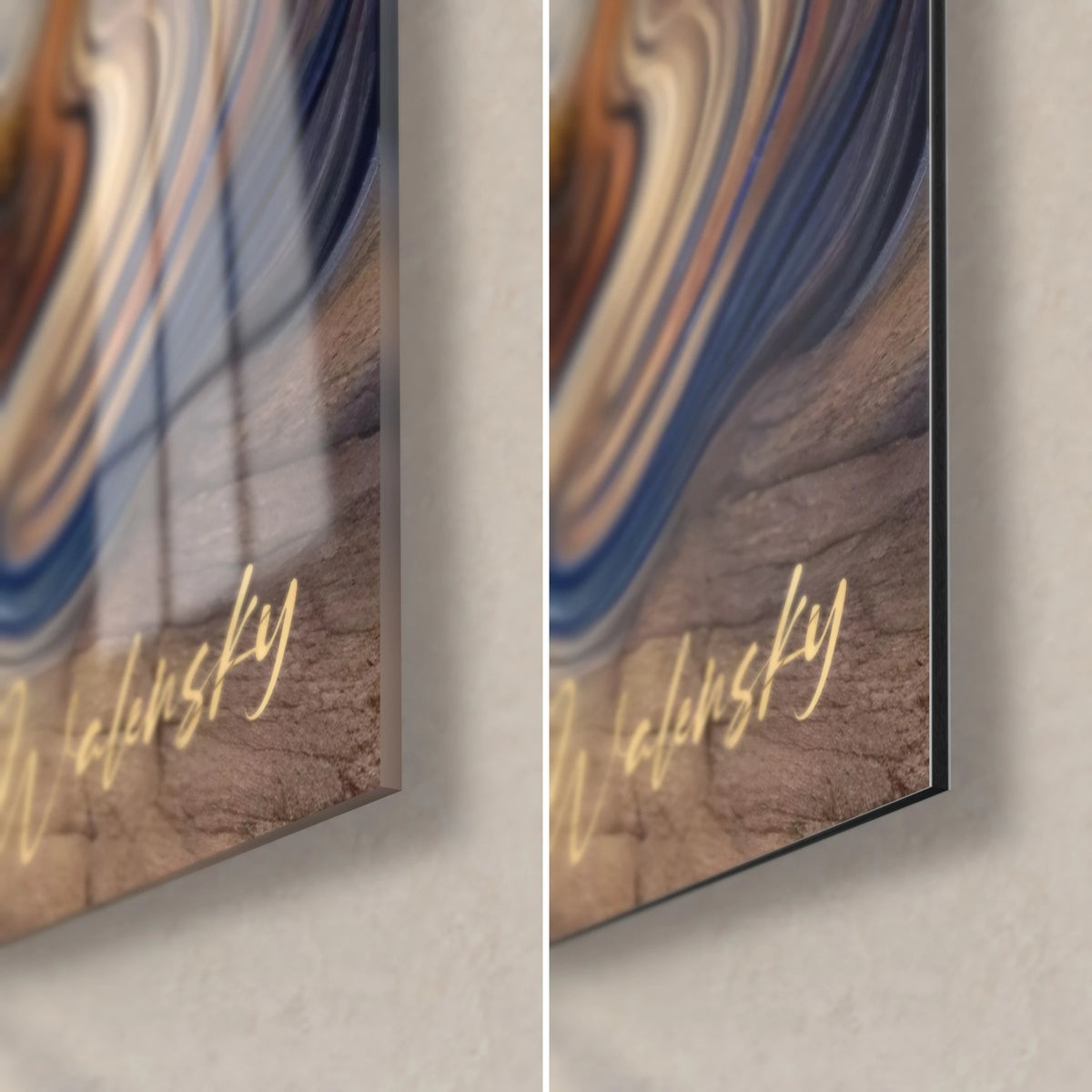Dreamlike Paris wall art, bottom right corner: golden signature on brown cobblestones and blue swirls, glossy glass and matte Dibond