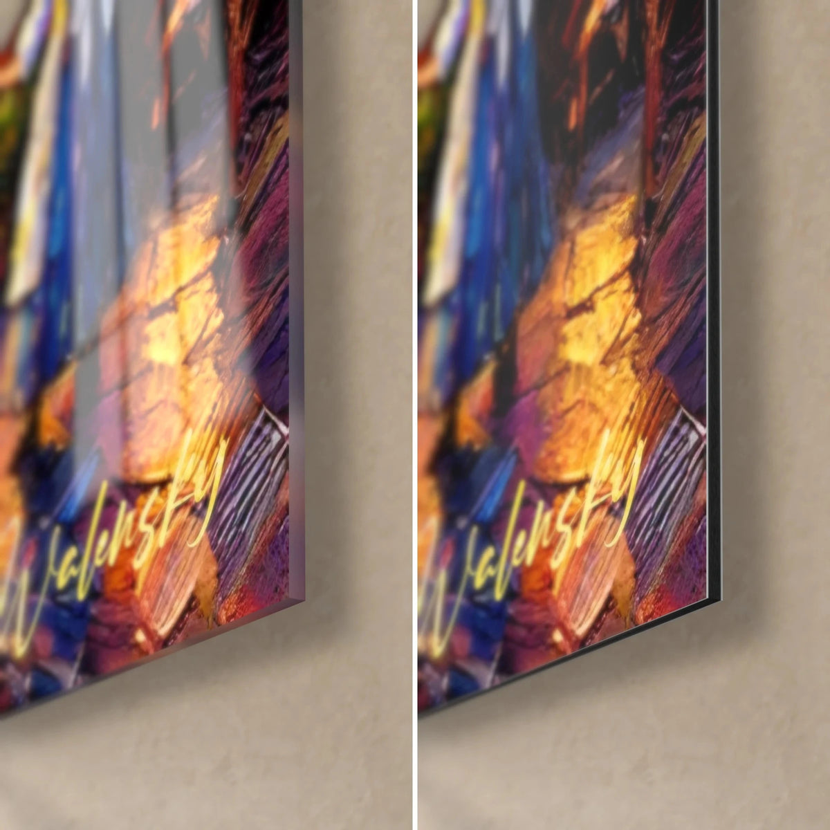 Wall art of a painter in a blue dress before her easel, golden Walensky signature bottom right, glossy glass on the left and matte Dibond on the right