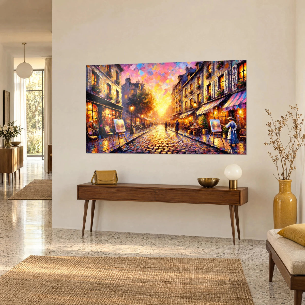 Wall art of a Parisian alley with ochre facades, white shutters and violet awnings, cobblestones gilded by the setting sun, beige wall and wooden console
