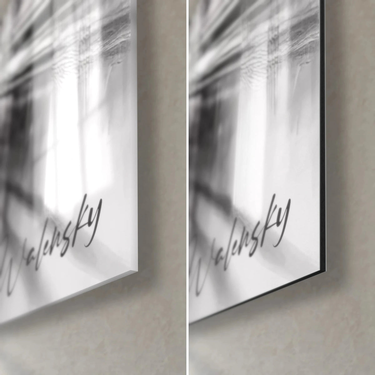 Obraz Paryż monochromatyczny, prawy dolny róg: błyszczące szkło akrylowe z białymi refleksami i matowe szare aluminium Dibond, krawędź 3 mm