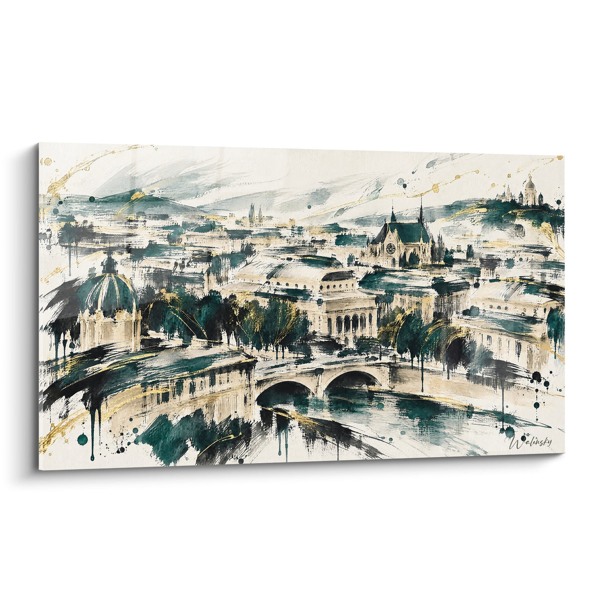 Wall art stone bridge and green and gold domes painted in watercolor on an ivory background, sketched style