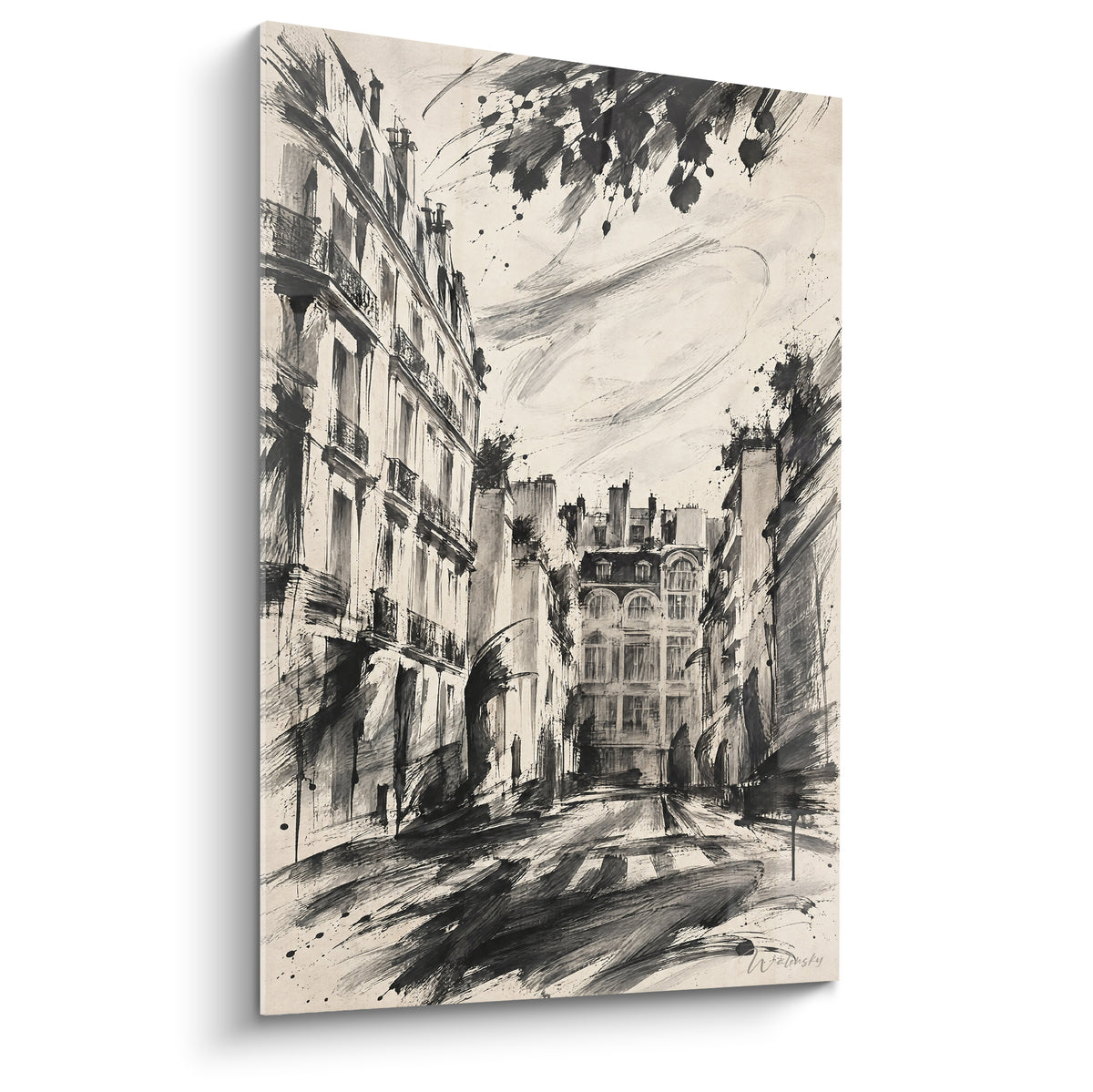 Ruelle parisienne à l'encre noire et beige, façades haussmanniennes dans un style esquissé vif
