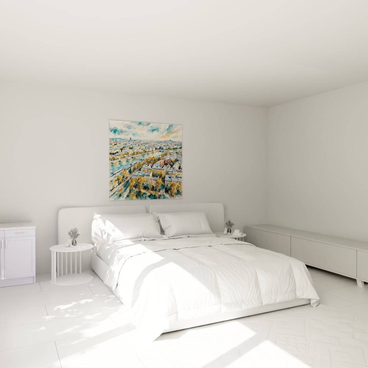 Wall art aerial panorama of Paris in watercolour, turquoise Seine and ochre foliage, above a sofa in a bright living room