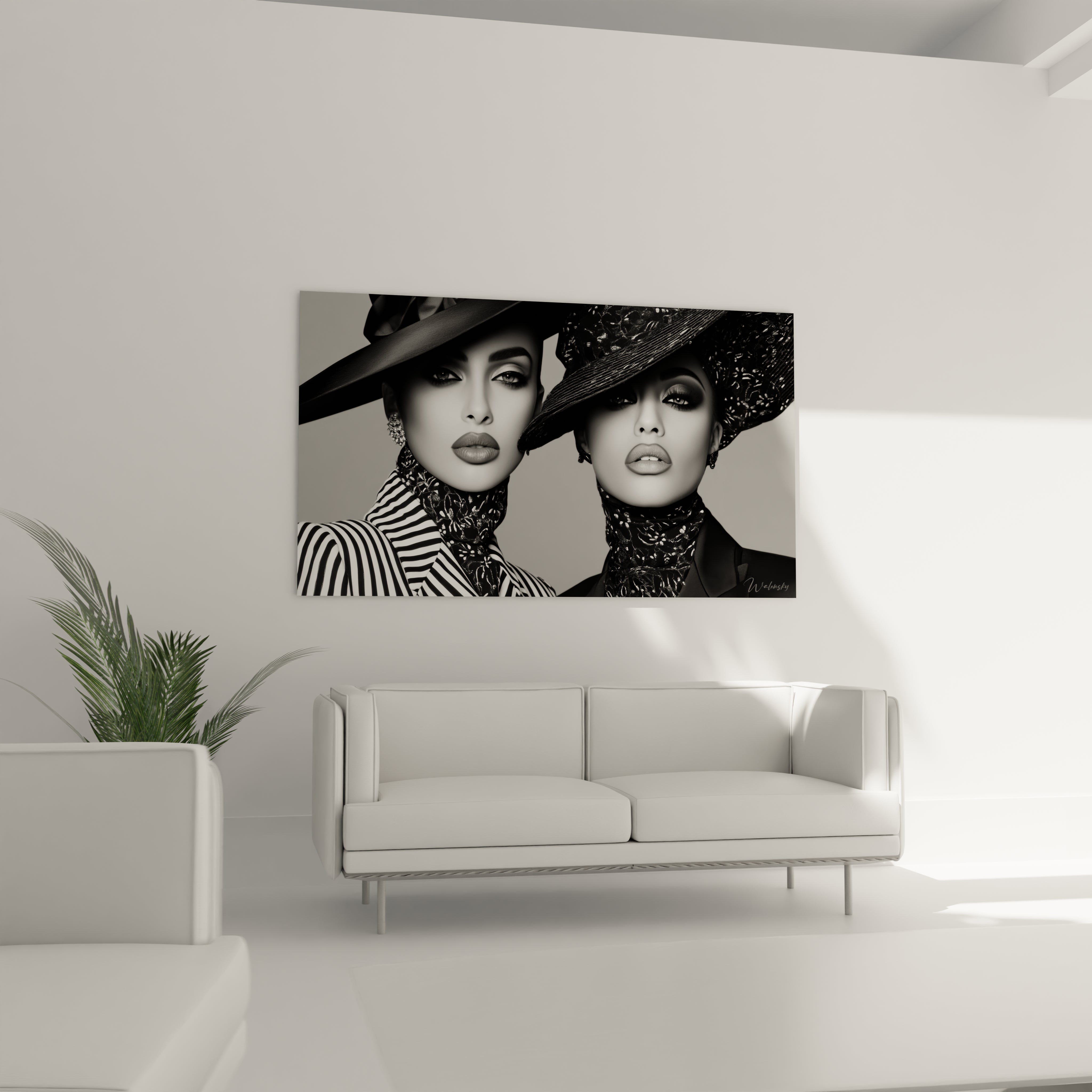 Tableau parisien noir et blanc représentant deux modèles élégants avec des chapeaux dans un intérieur moderne
