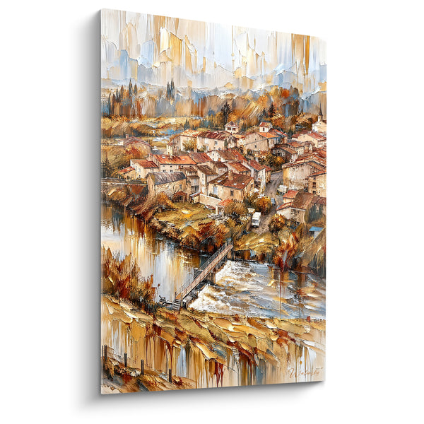 Schilderij Geel en goudkleurig dorp met rode daken - Dorp aan de rivier - Editie Parthenay Nouvelle-Aquitaine Frankrijk