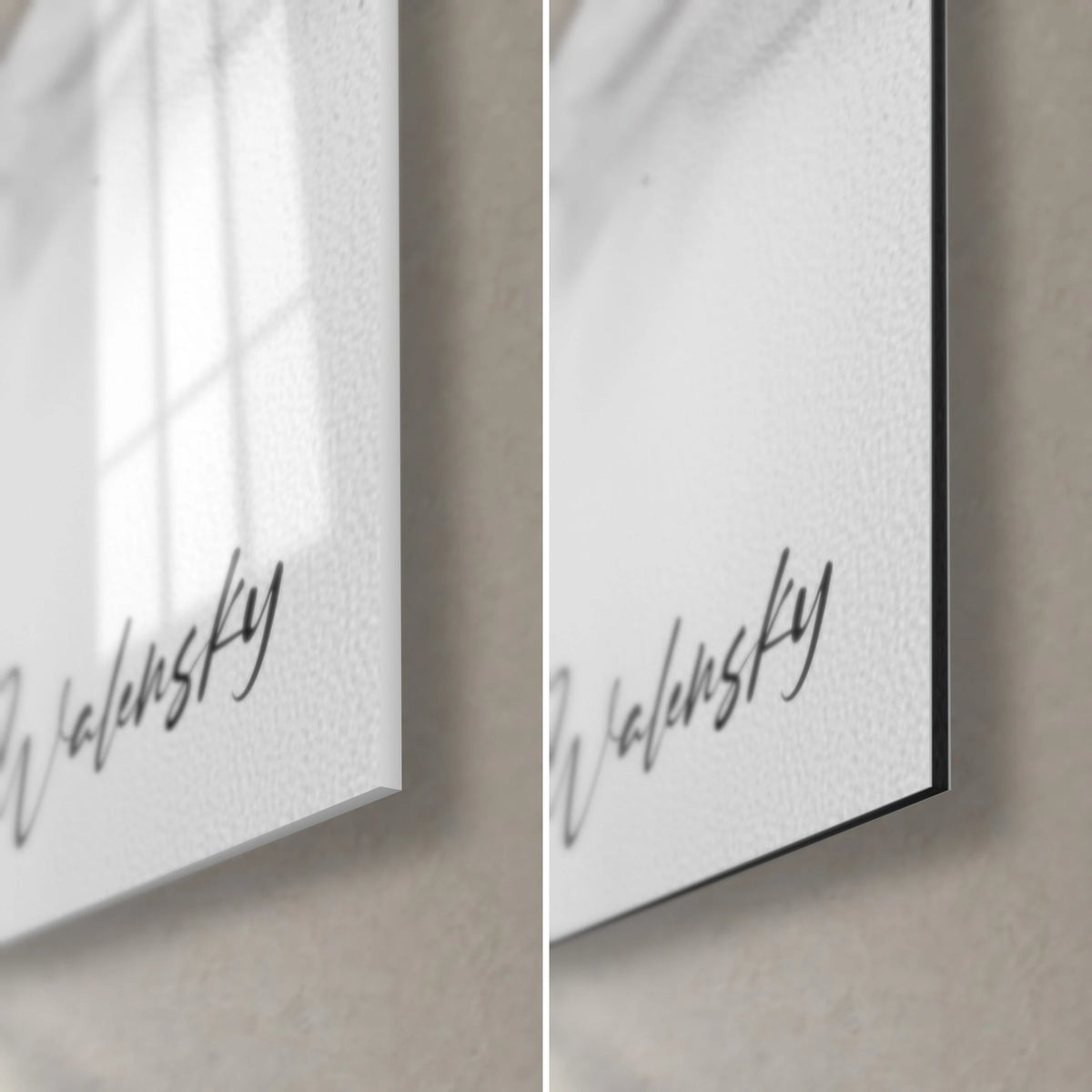 Gemälde schwarze Tintenflecken, durch feine Linien verbunden, Ecke unten rechts: glänzendes Glas links, mattweißes Dibond rechts, Signatur