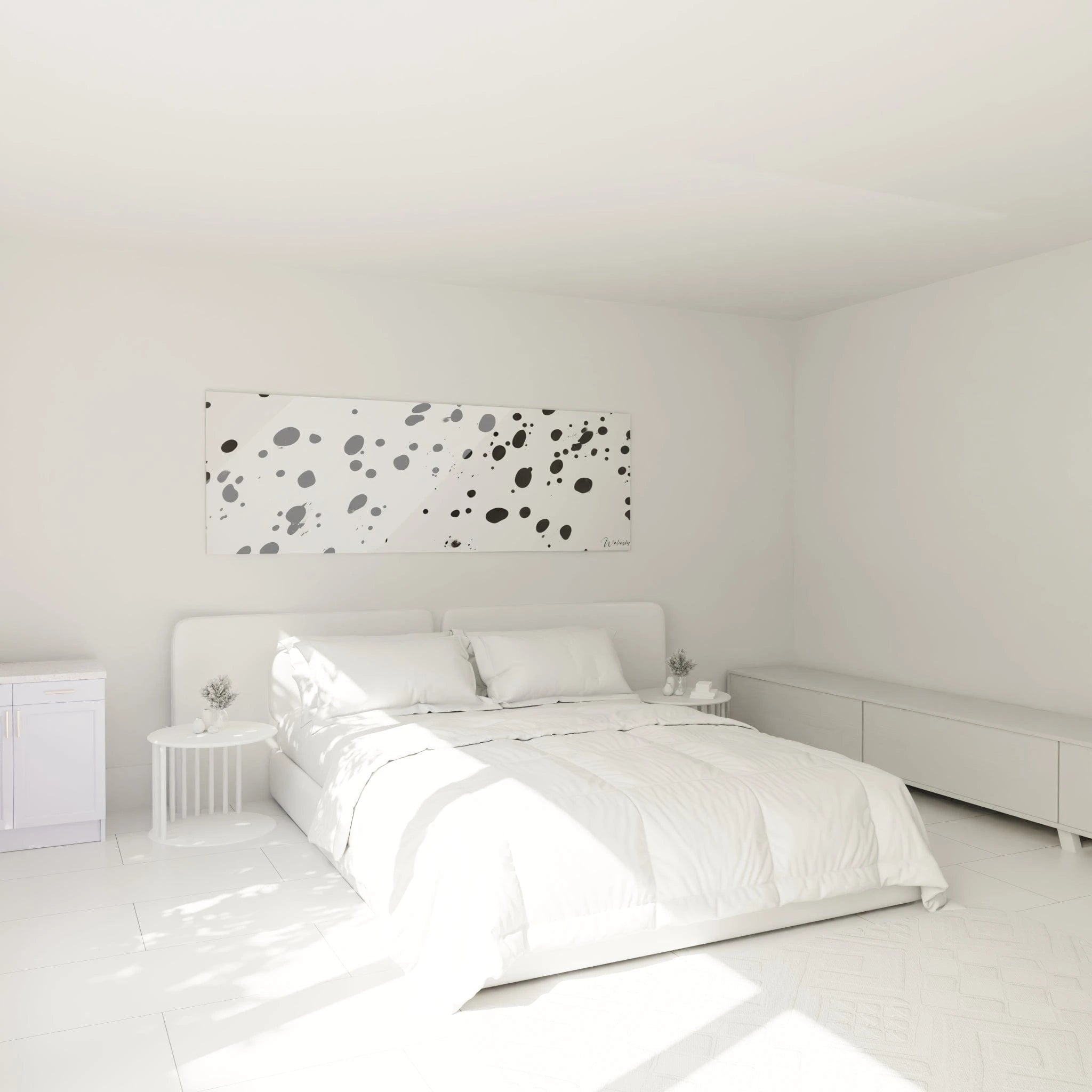 Tableau tacheté noir et blanc de Walensky avec un design moderne dans une chambre minimaliste