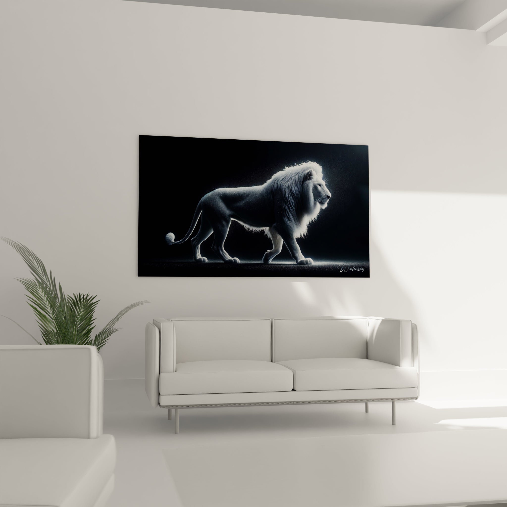 Un tableau d'animal montrant un lion à la robe blanche marchant avec élégance sur une surface sombre. La texture du pelage varie entre des zones douces et lisses sur le corps et des zones plus fournies comme la crinière et le poitrail. Des particules lumineuses parsèment subtilement la silhouette, créant un effet de brillance sur l'ensemble de l'animal.
