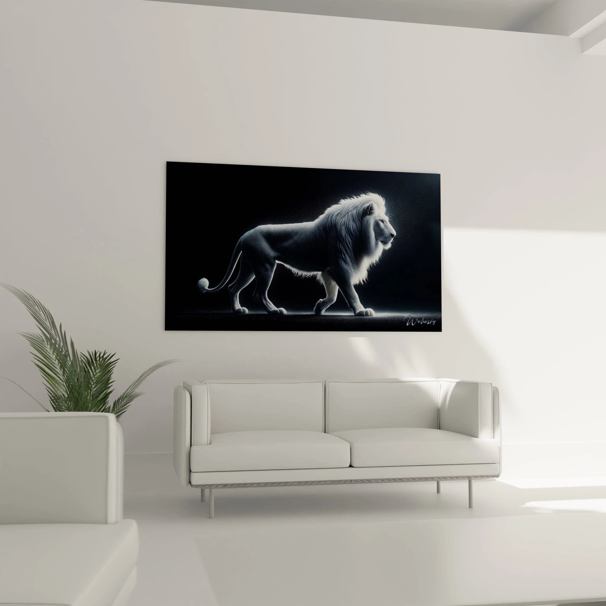 Un tableau d'animal montrant un lion à la robe blanche marchant avec élégance sur une surface sombre. La texture du pelage varie entre des zones douces et lisses sur le corps et des zones plus fournies comme la crinière et le poitrail. Des particules lumineuses parsèment subtilement la silhouette, créant un effet de brillance sur l'ensemble de l'animal.
