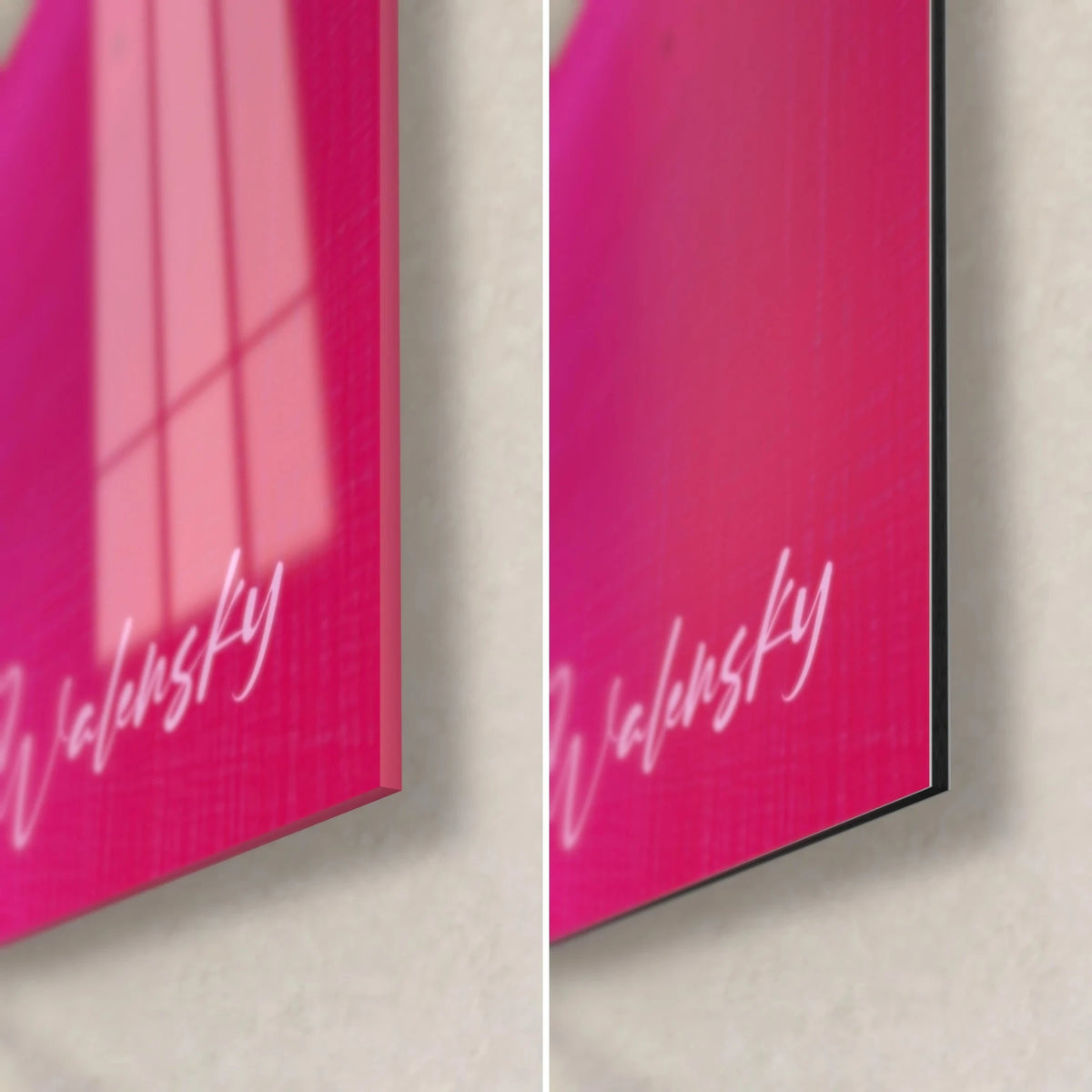 Tableau passage urbain fuchsia, coin bas droit : verre acrylique brillant à gauche, Dibond mat à droite, tranche fine, signature Walensky