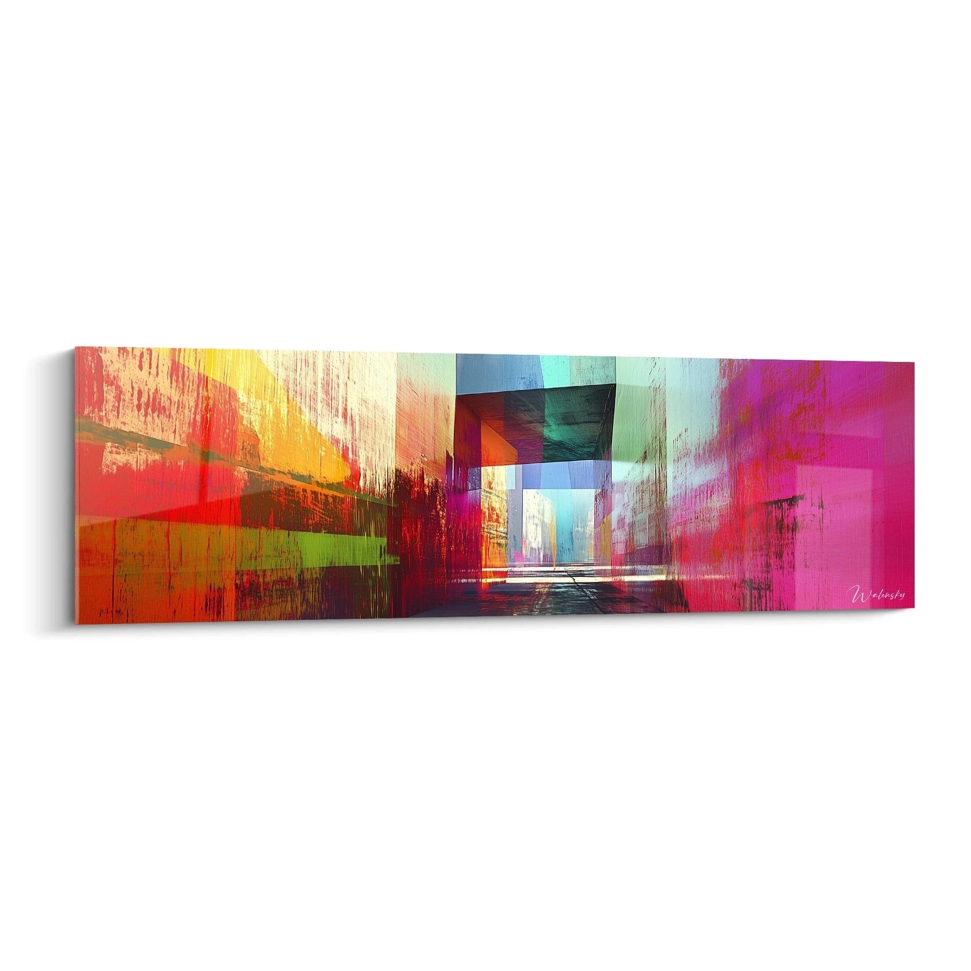 Un tableau abstrait géométrique représentant un corridor multicolore avec des effets de perspective, composé de rectangles superposés en rouge, bleu, violet, jaune et vert, créant une illusion de profondeur sur fond texturé.
