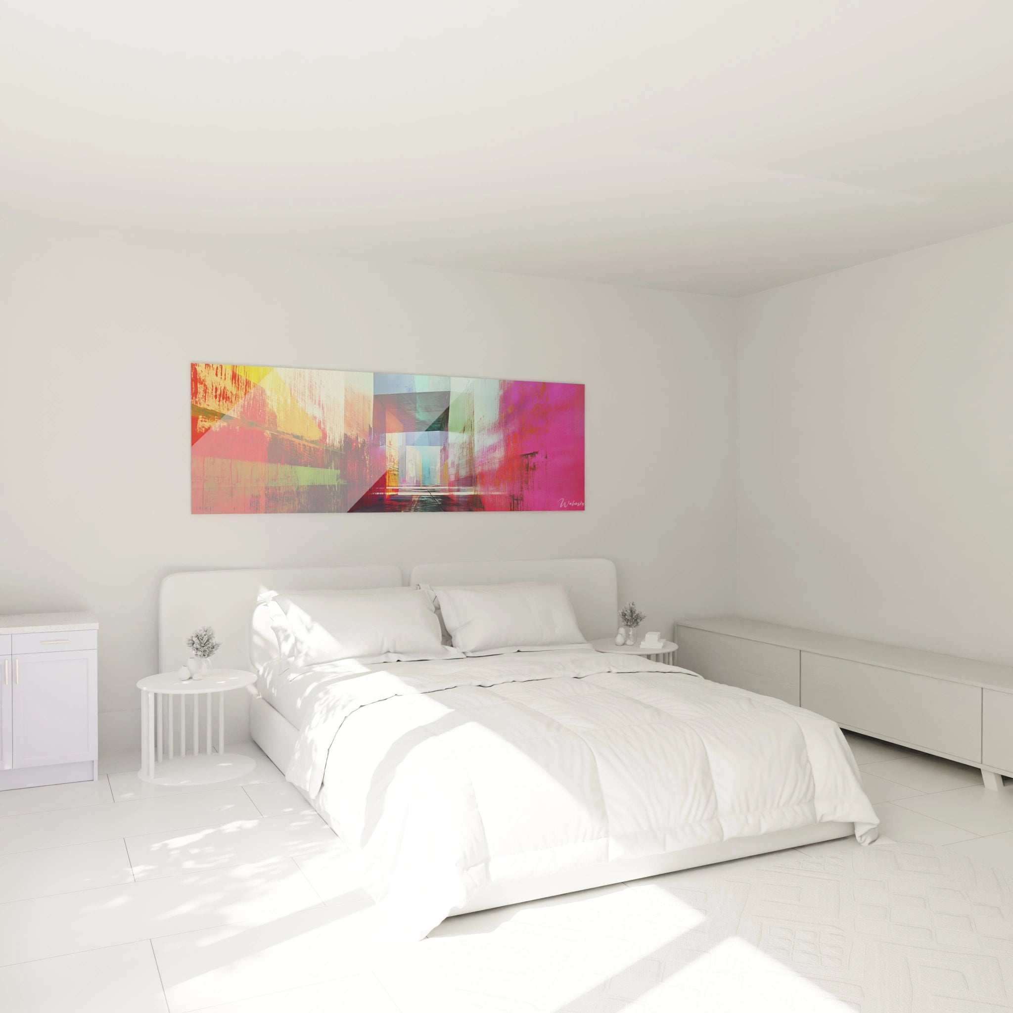 Un tableau moderne aux couleurs vibrantes illustrant un tunnel perspectif avec des surfaces rectangulaires translucides en rouge vif, rose fuschia, bleu turquoise et jaune solaire, offrant une composition dynamique aux textures striées.
