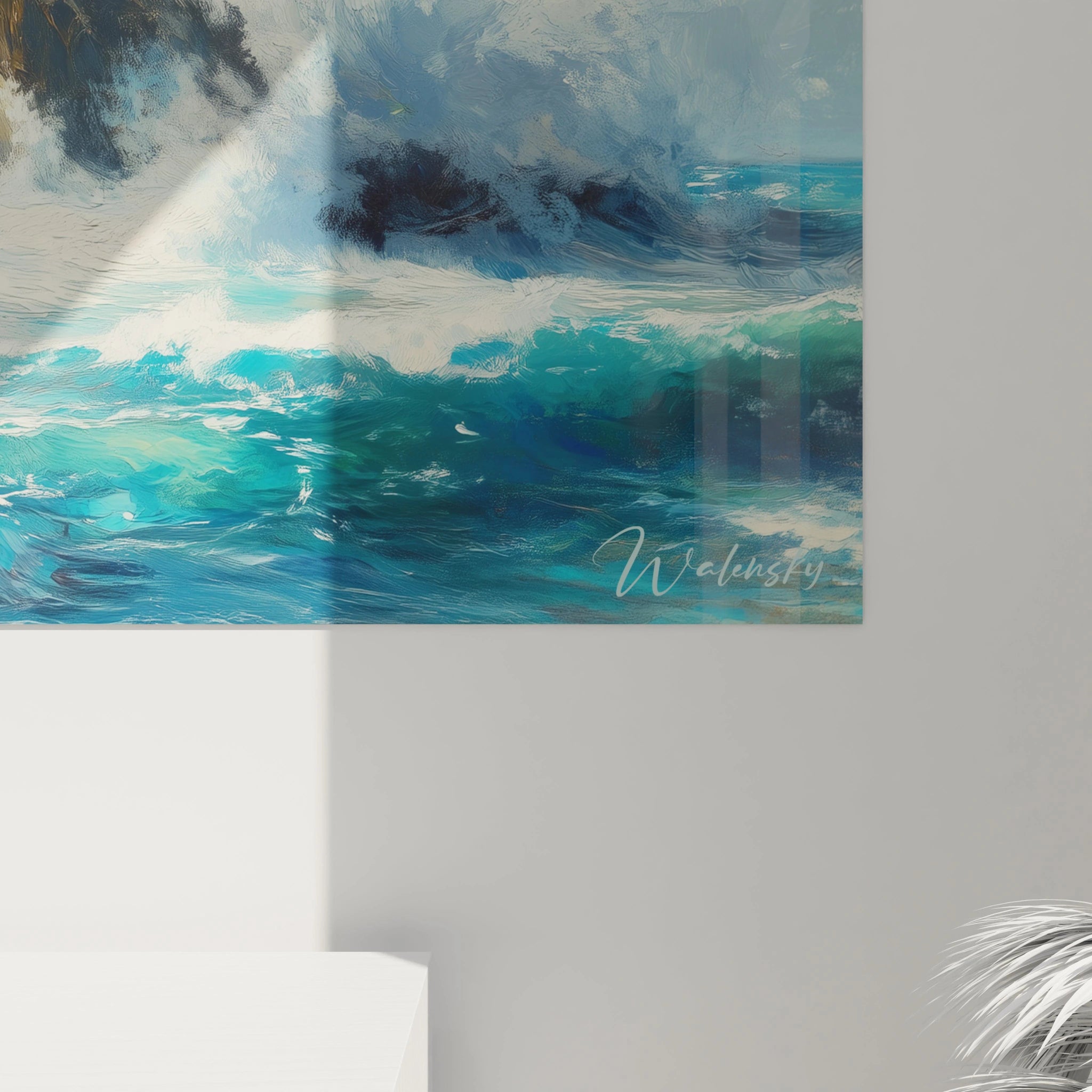 Un tableau mer présentant une arche rocheuse majestueuse encadrée par un ciel bleu nuageux et des eaux turquoise en mouvement, avec un contraste marqué entre la solidité grise de la pierre et la fluidité de l'eau écumante, créant une impression de puissance naturelle.
