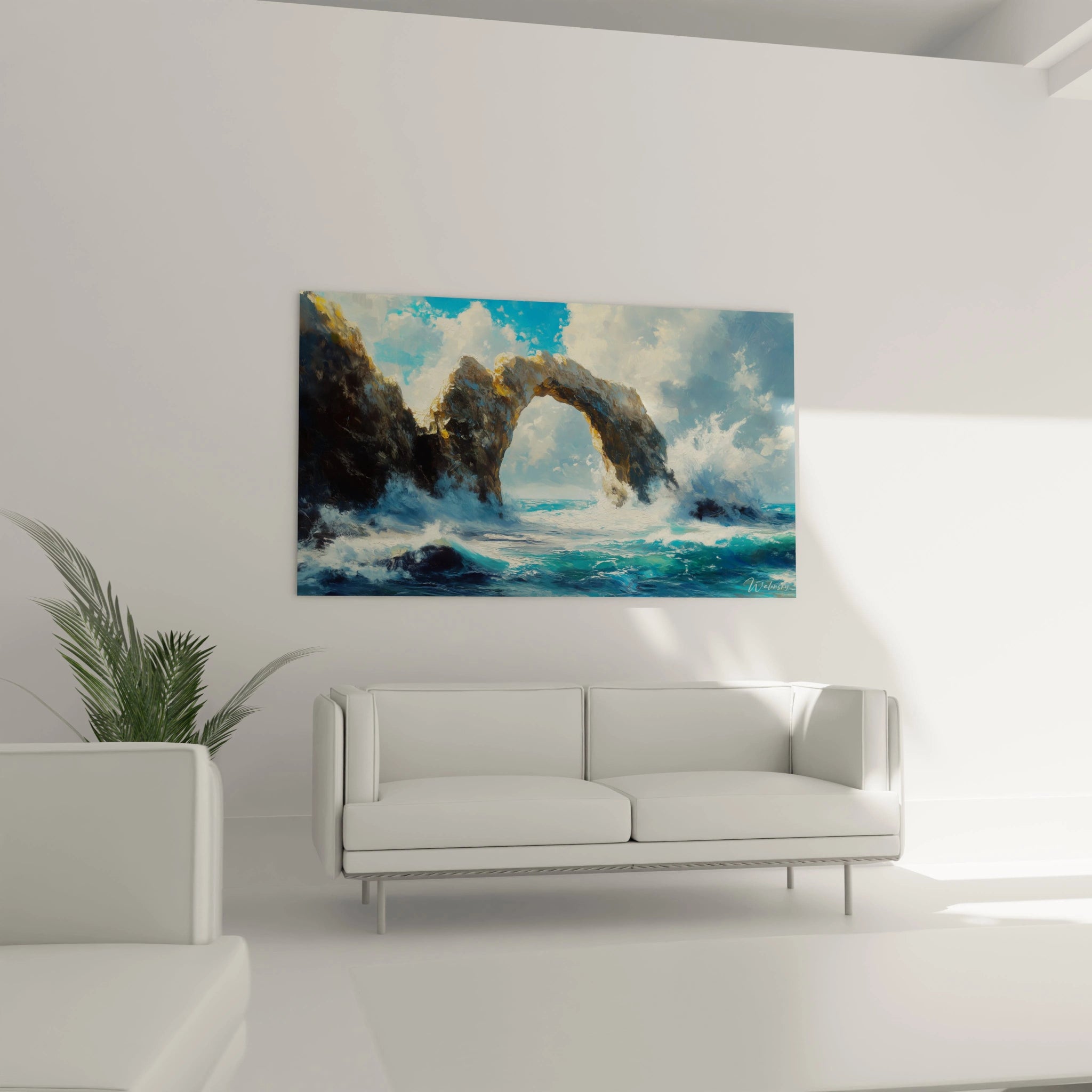 Un tableau mer capturant le moment où les vagues frappent une arche de pierre massive, avec un jeu de lumière créant des reflets dorés sur la roche humide, des tons bleu turquoise profonds dans l'eau, et une texture épaisse pour l'écume blanche qui jaillit du contact.
