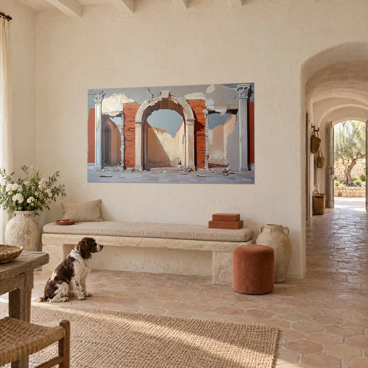 Quadro rovina di un portico con mattoni arancioni e intonaco beige screpolato, spaniel marrone e bianco seduto, casolare provenzale