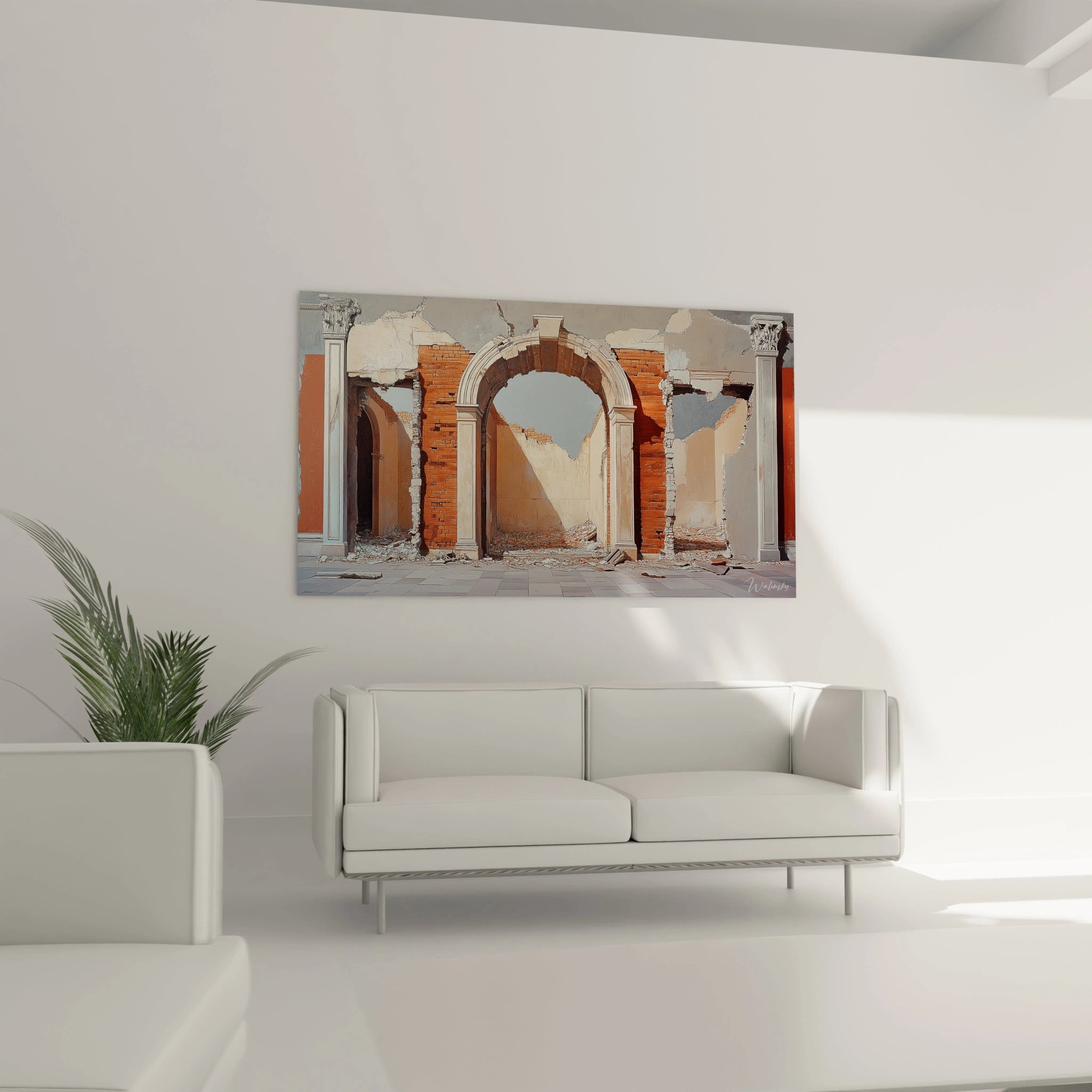 Tableau ruines urbaines capturant une arche romaine en briques orangées encore debout parmi des murs effondrés, avec des détails architecturaux finement rendus comme les chapiteaux des colonnes et les débris au sol, dans une palette de terre cuite, beige et gris.
