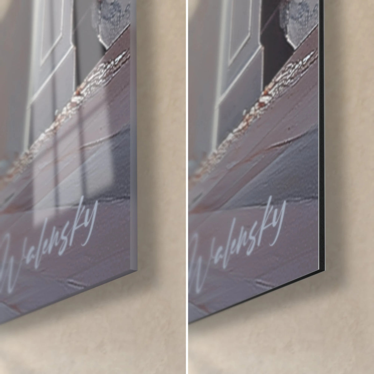 Quadro arcata in rovina, angolo in basso a destra: vetro acrilico lucido con riflessi e alluminio Dibond opaco grigio-azzurro, spessore 3 mm