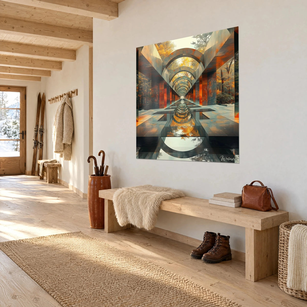 Tableau galerie de voûtes en métal oxydé, dallage miroir et feuillages d'automne dorés, au mur d'une entrée en bois clair
