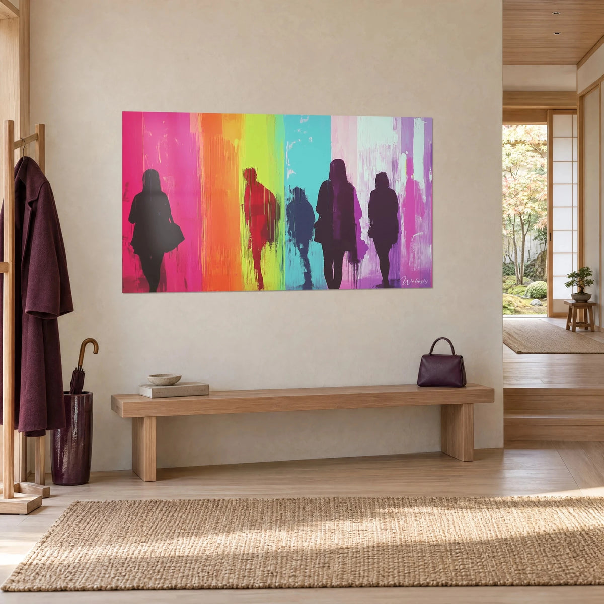 Wall art of five black passers-by with paint drips, fuchsia and apple-green background, three-quarter view on a beige wall