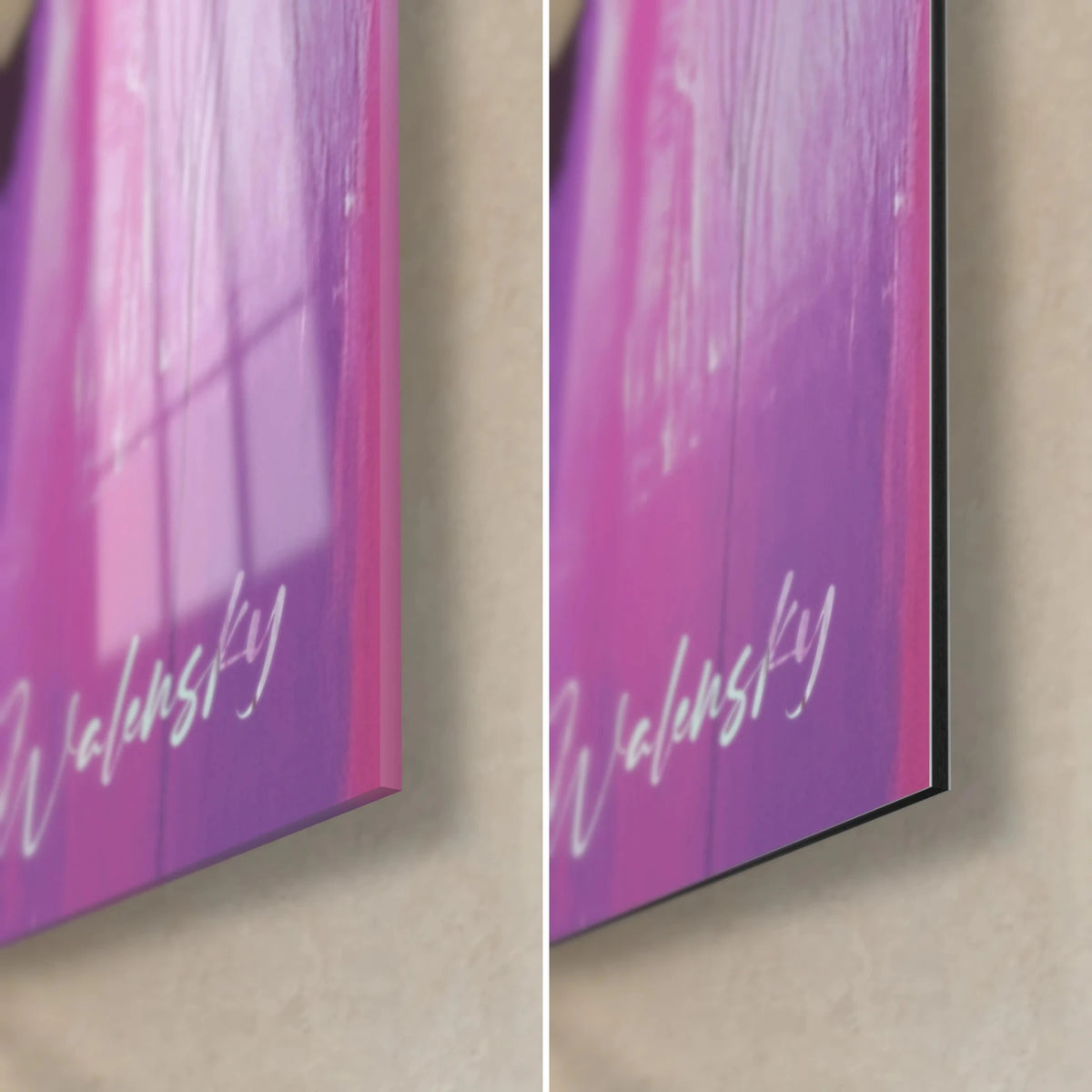 Wall art of passers-by in silhouette, purple and pink bottom-right corner: glossy glass on the left, matte black Dibond and edge on the right