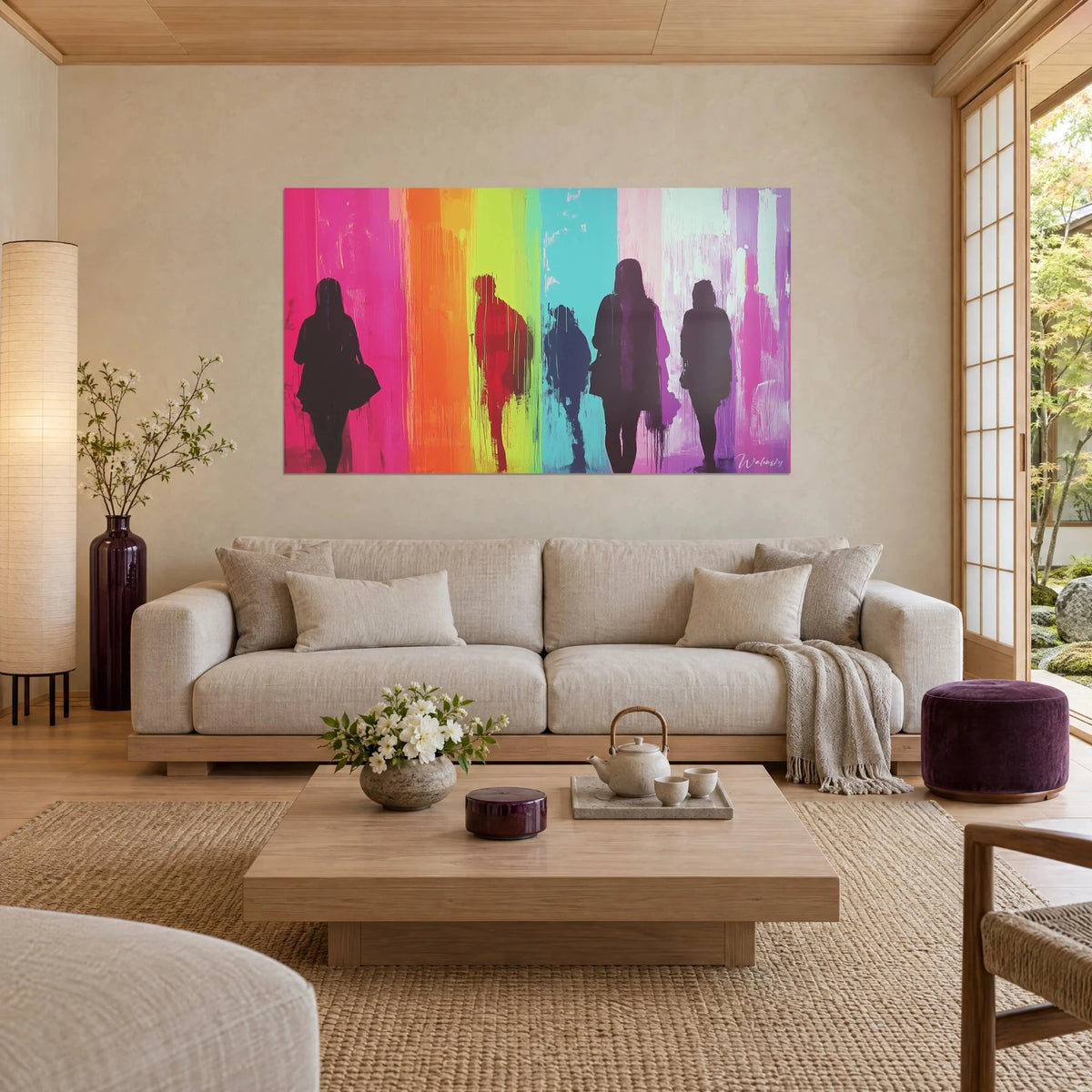 Wall art of women silhouettes walking across pink, orange and turquoise stripes, above a sofa in a bright living room