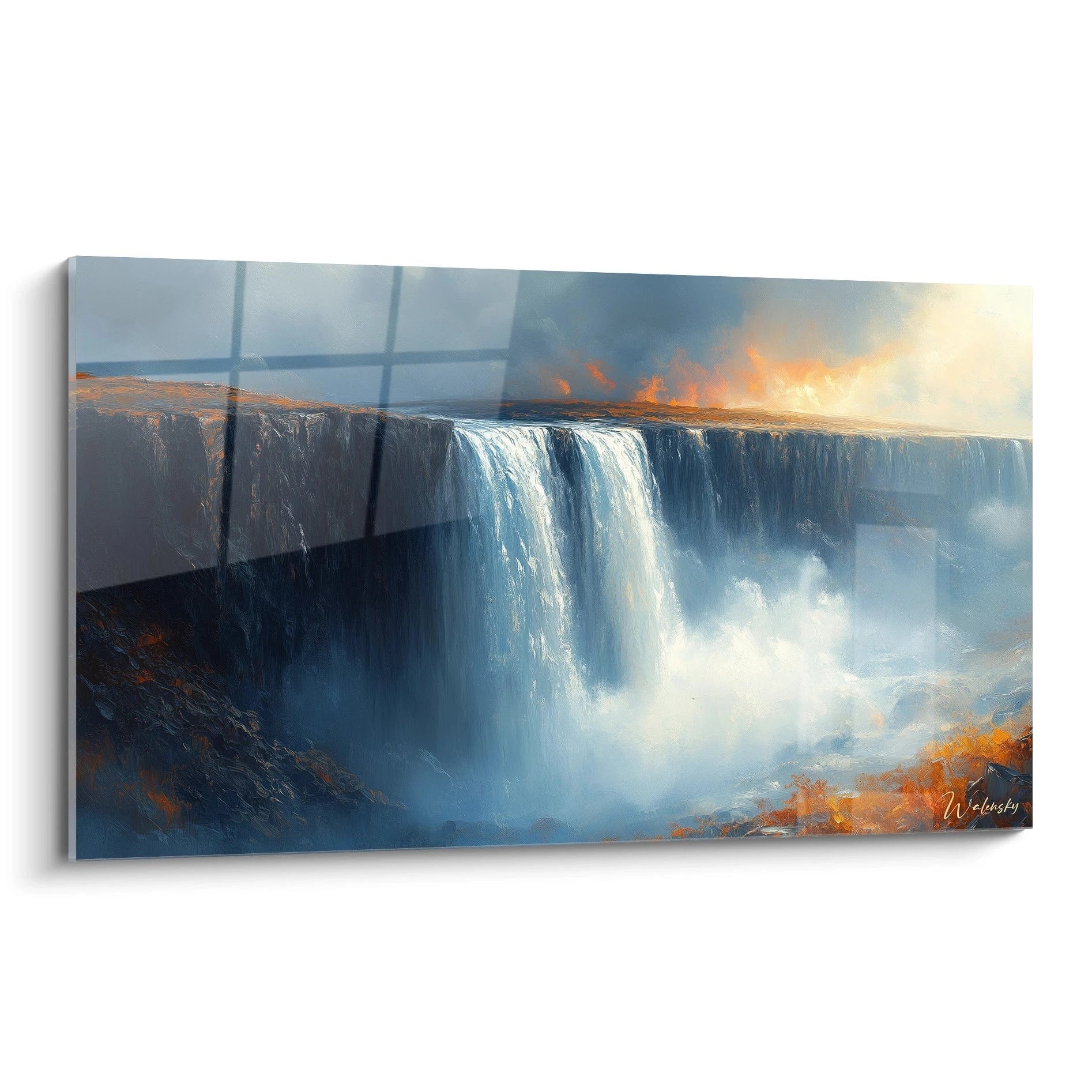 Un tableau artistique représentant une majestueuse cascade se déversant d'une falaise rocheuse sombre, avec des nuances de bleu profond, des touches orangées sur l'horizon et une brume blanche éthérée s'élevant des eaux tumultueuses.
