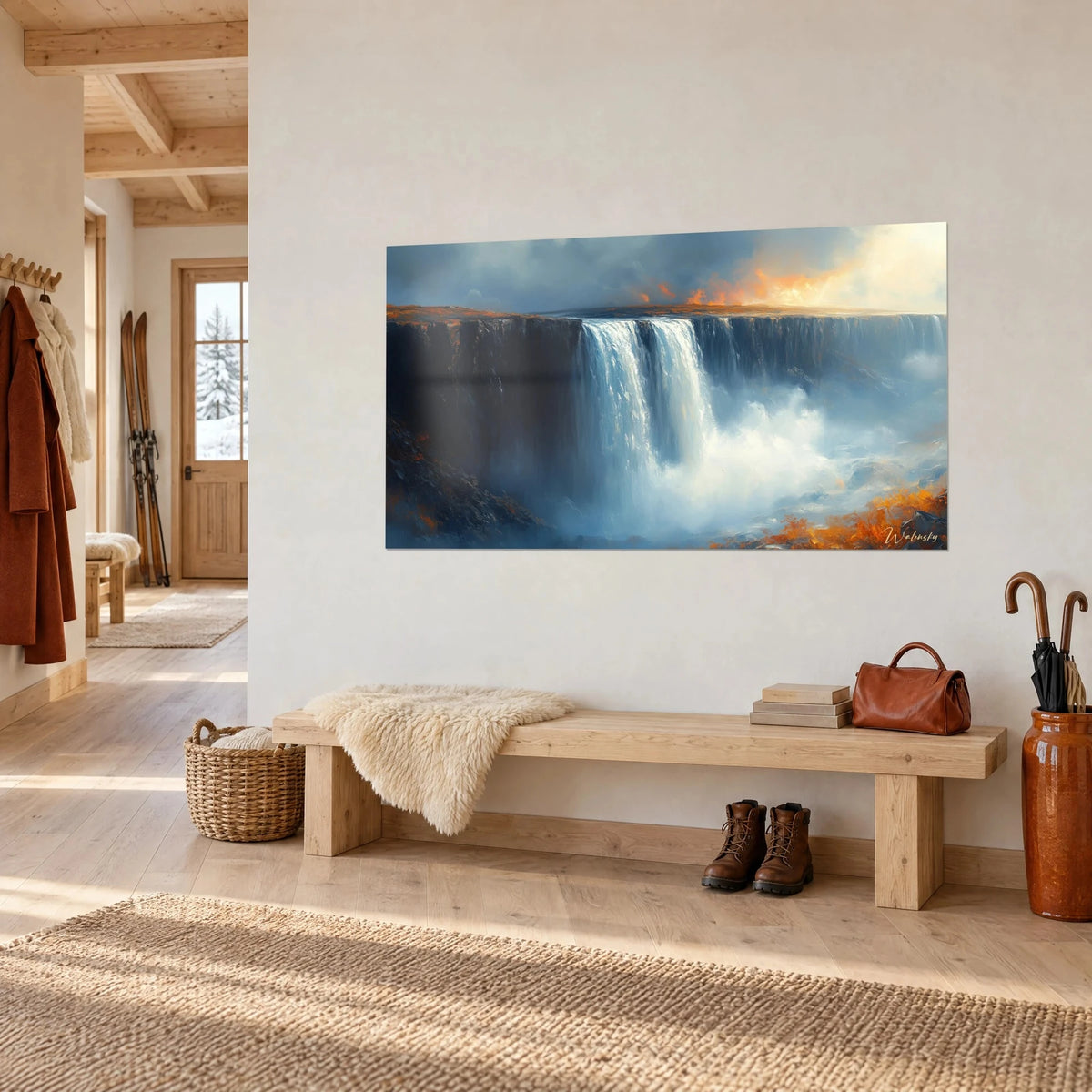 Tableau cascade en rideau d'écume ivoire sur roche sombre, ciel orangé, vue de trois-quarts sur un mur de chalet