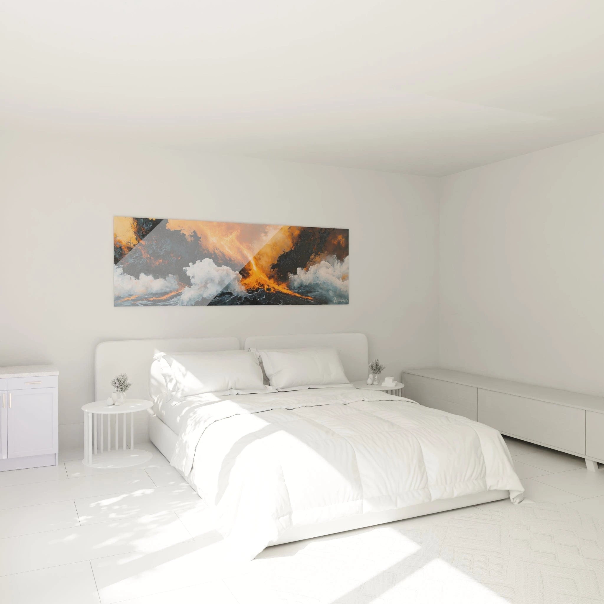 Tableau expressionniste abstrait de Walensky avec des nuances de couleurs vives dans une chambre moderne