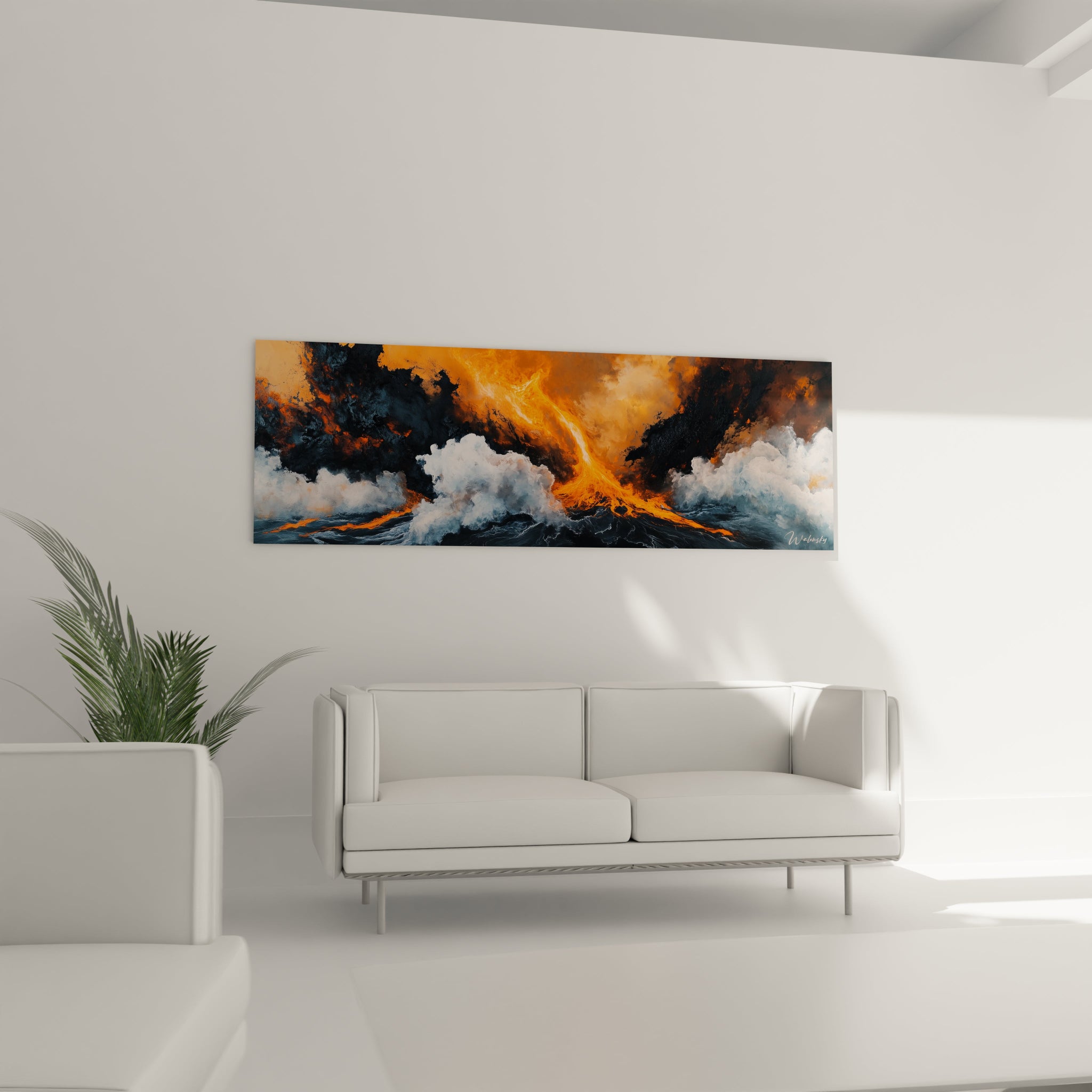 Tableau expressionniste abstrait de Walensky montrant des nuages orange et blancs dans un décor moderne