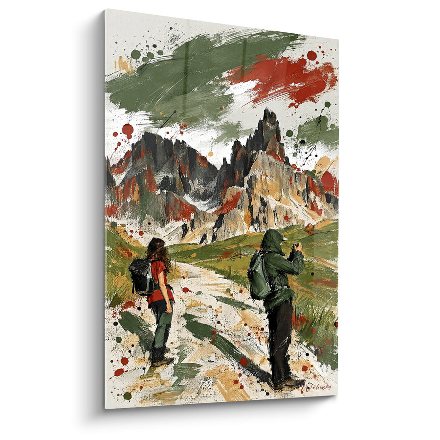 Tableau Randonneurs vert et ocre face aux Dolomites - Halte en altitude - Edition Passo Rolle Trentin-Haut-Adige Italie