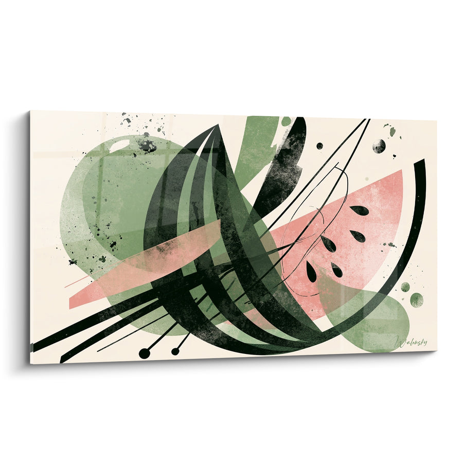 Tableau Pastèque rose et vert aux courbes noires entrelacées - Pépins en larmes - Edition Pastèque