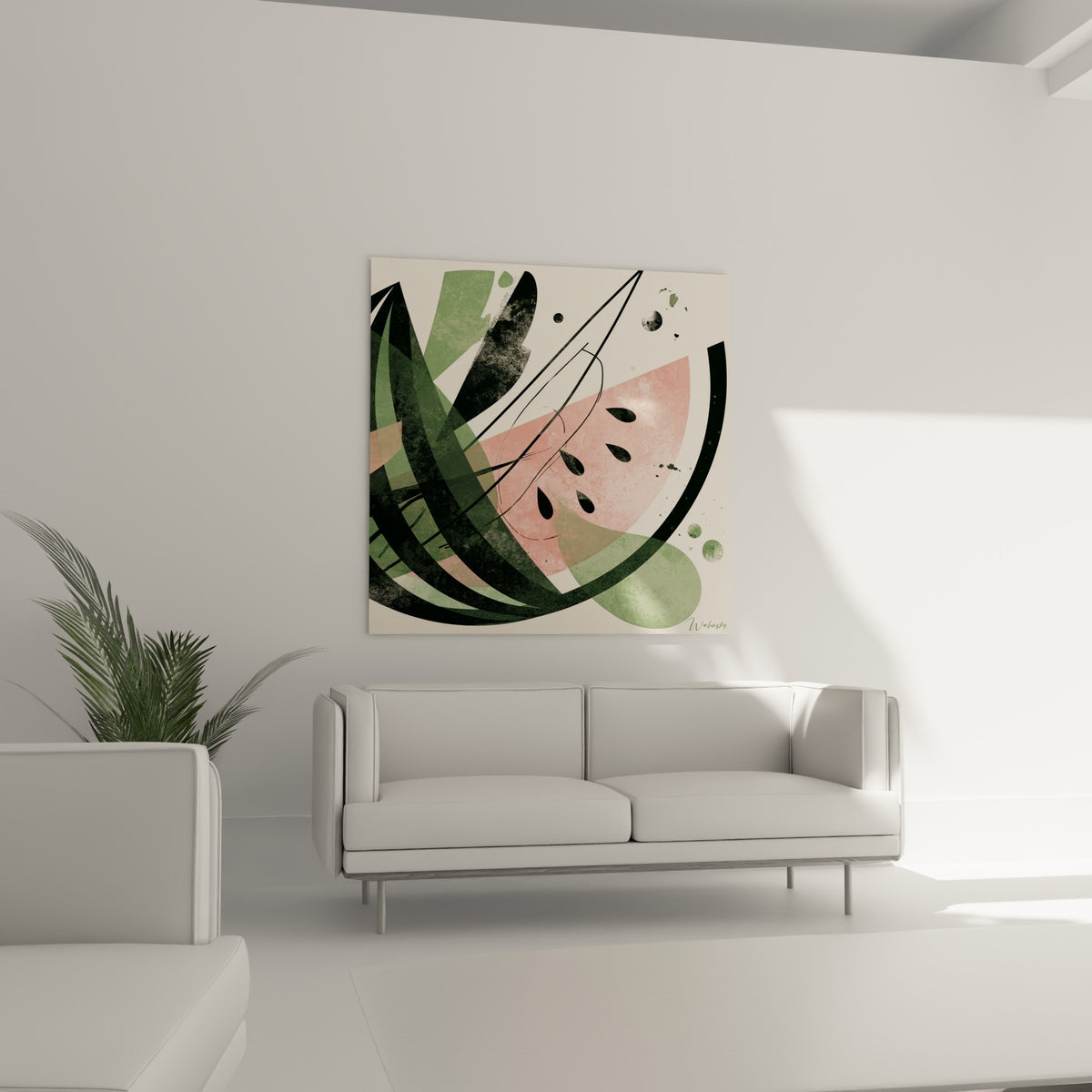 Composition pastèque anthracite et corail au-dessus d'un canapé dans un salon lumineux