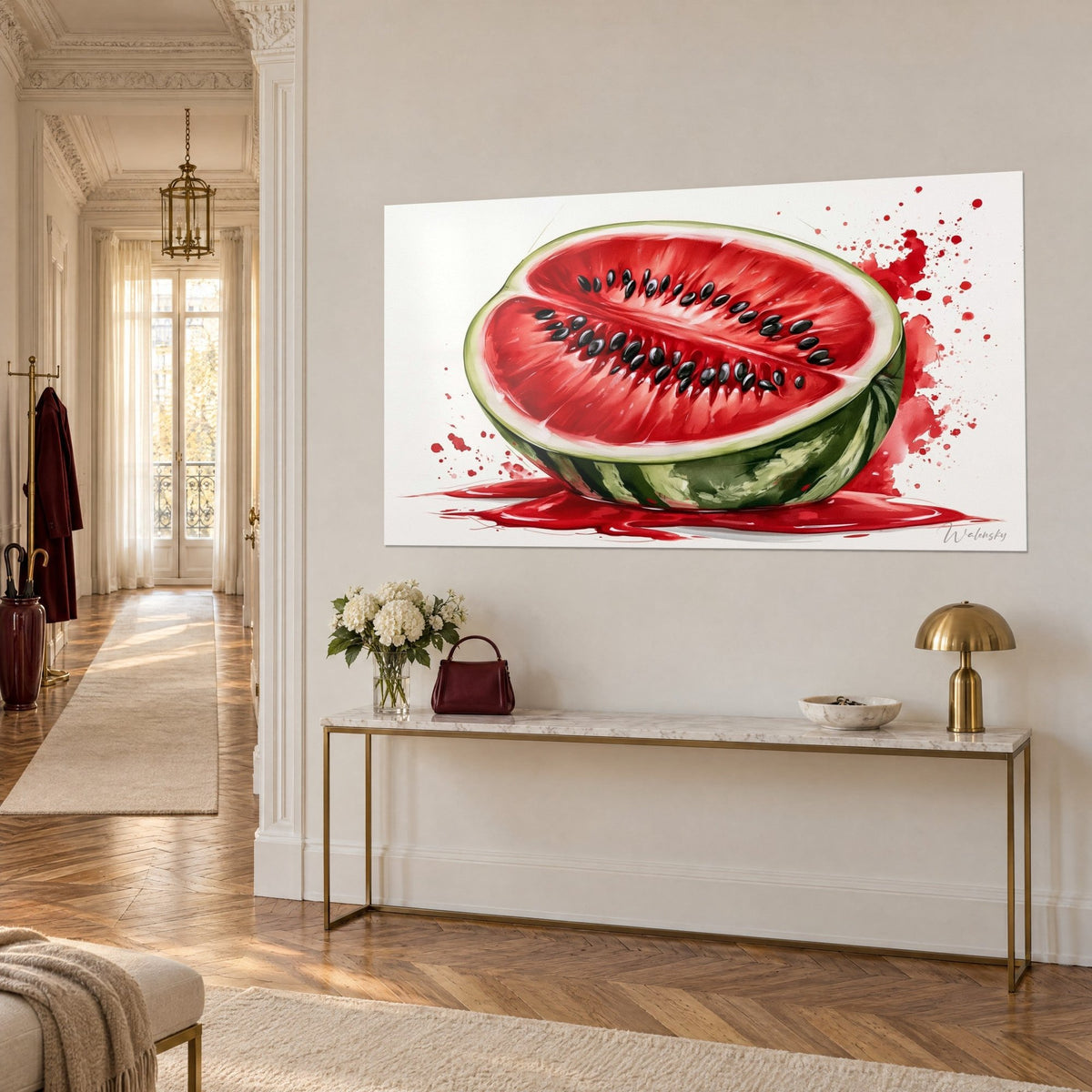 Tableau demi-melon d'eau en aquarelle, éclaboussures carmin sur fond blanc, accroché au-dessus d'une console dorée haussmannienne