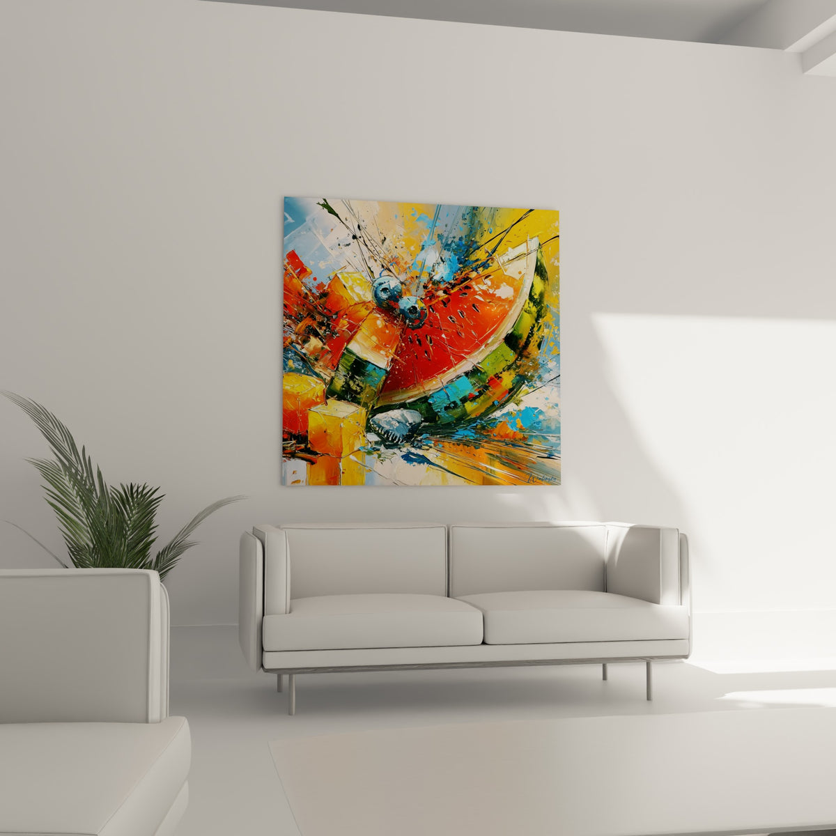 Fruit de pastèque éclaté en rouge, jaune doré et bleu ciel, au-dessus d'un canapé dans un salon lumineux