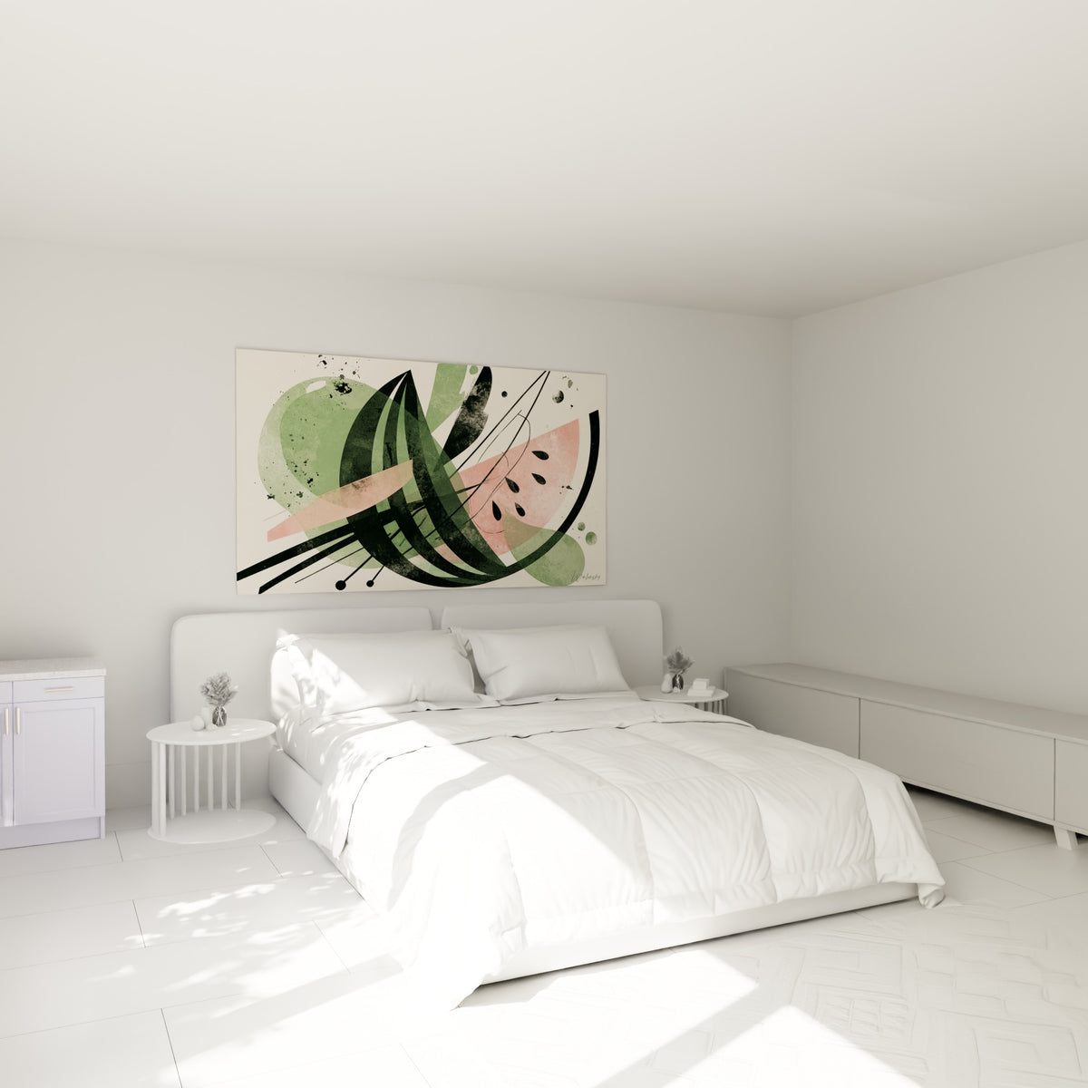 Quartier de pastèque stylisé en vert et rose, accroché au-dessus d'un lit dans une chambre claire