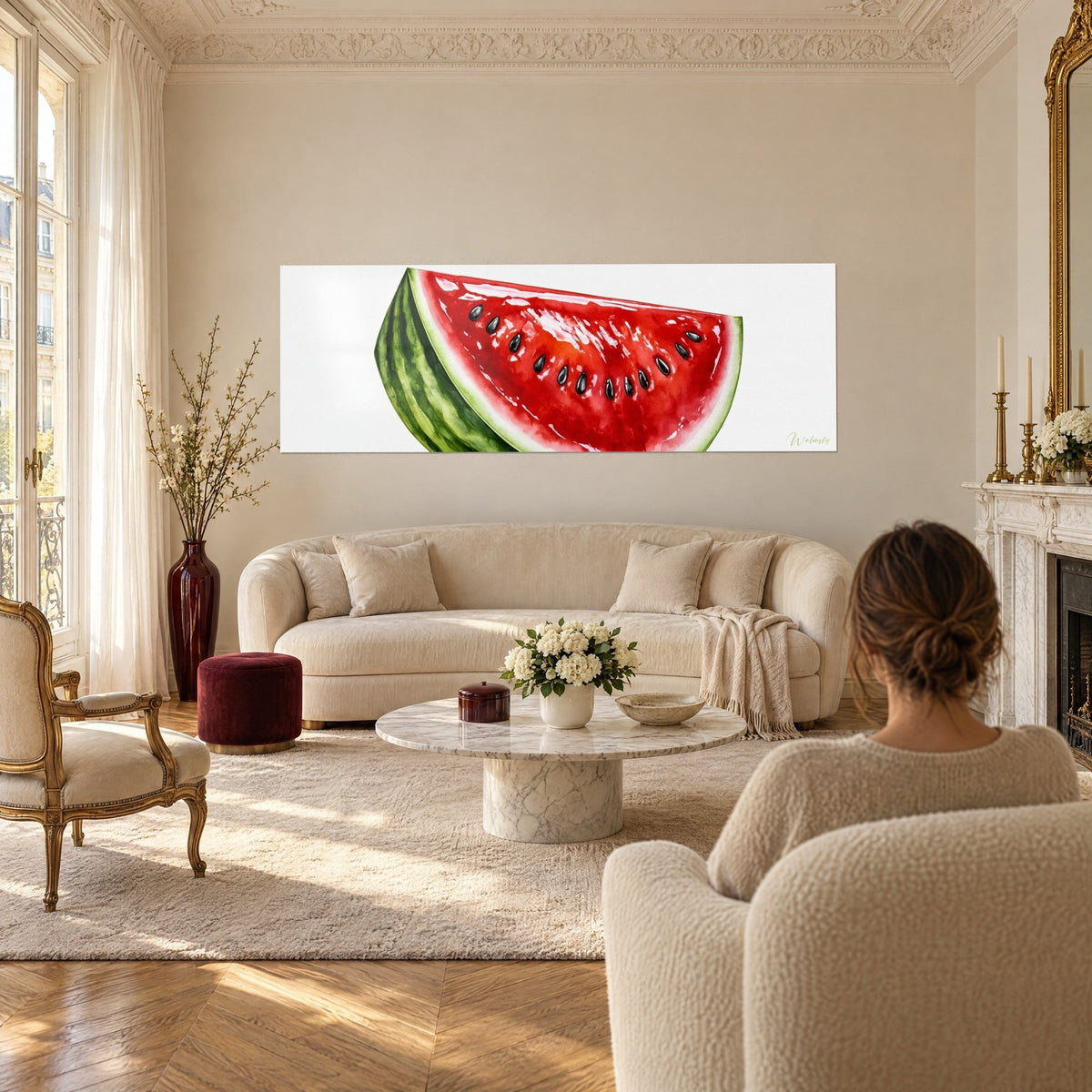 Wall art of a vivid red watermelon wedge with green rind and black seeds, woman seen from behind, above a sofa in a bright living room