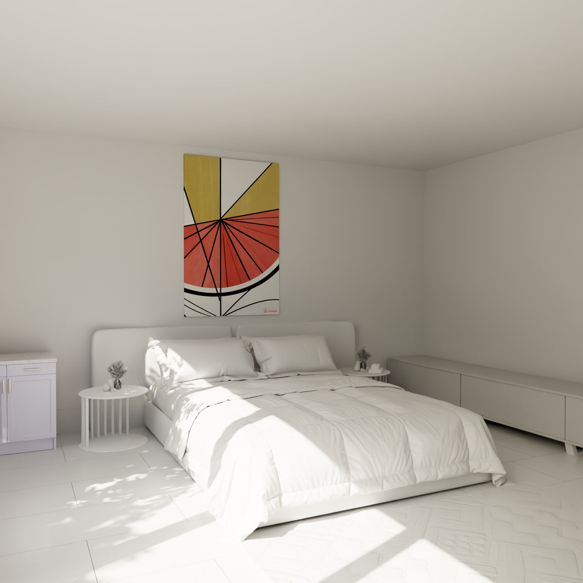 Pastèque géométrique corail et ocre suspendue au-dessus d'un lit dans une chambre claire